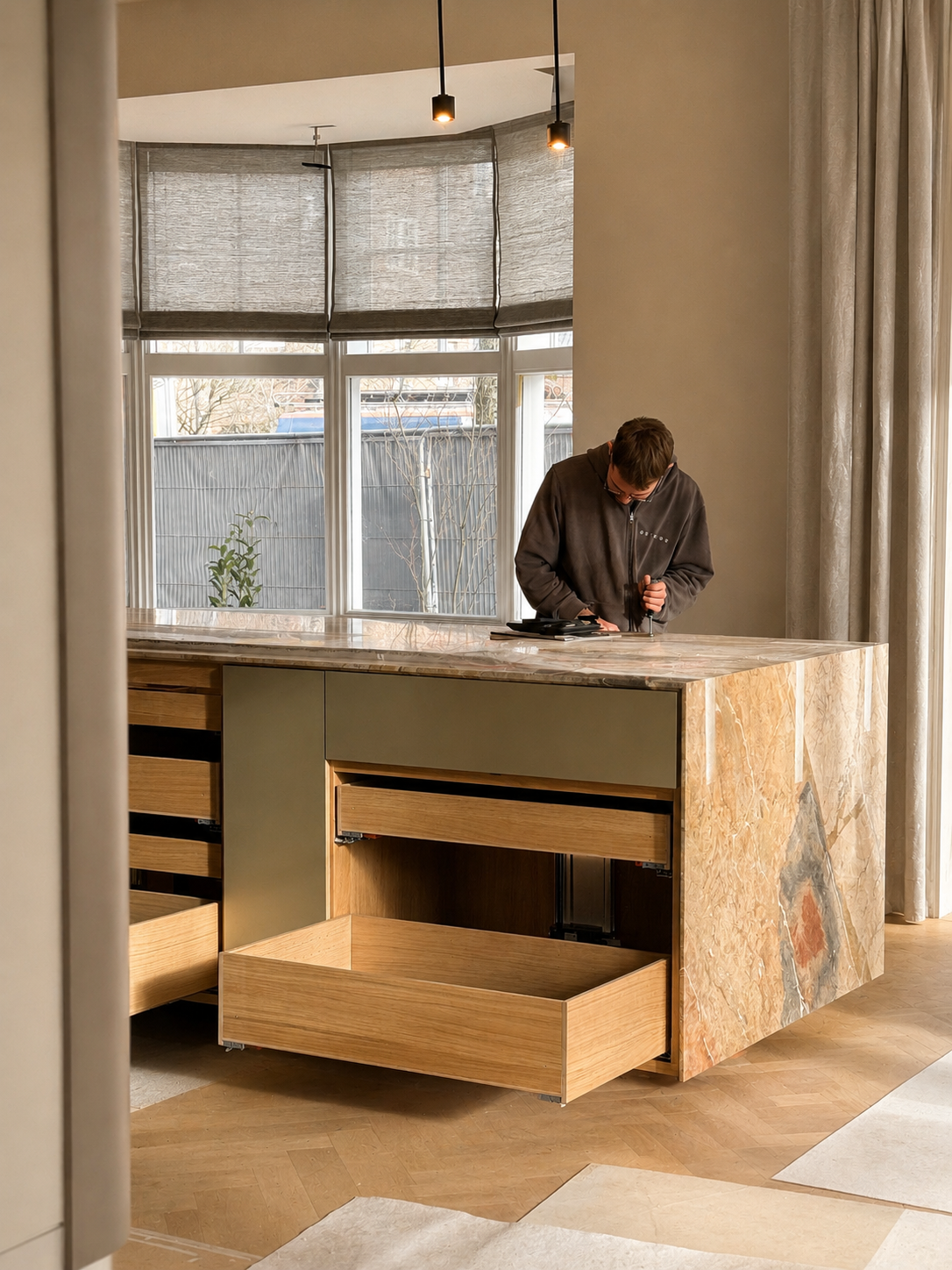 3. Kitchen craftsmanship: Behind-the-scenes shot of De Oude crafting and installing a kitchen island with Solid Nature marble and metal drawers.