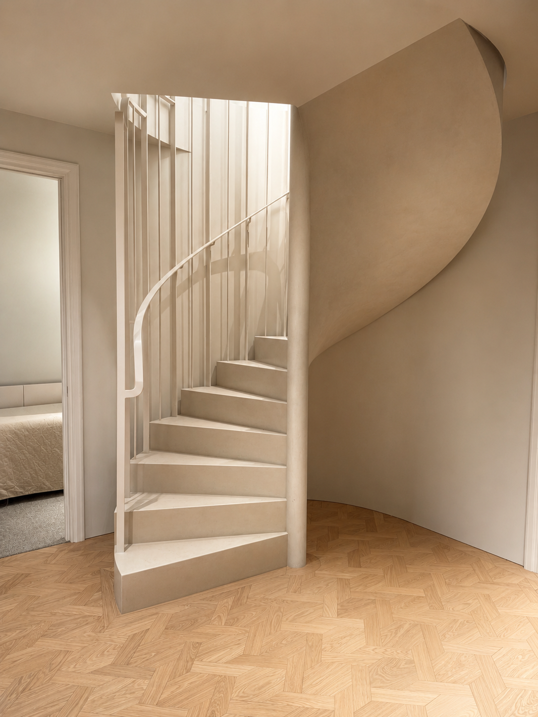 18. Architectural staircase: The clean, romantic, and modern central staircase developed in collaboration with Studio Nine Dots Amsterdam.