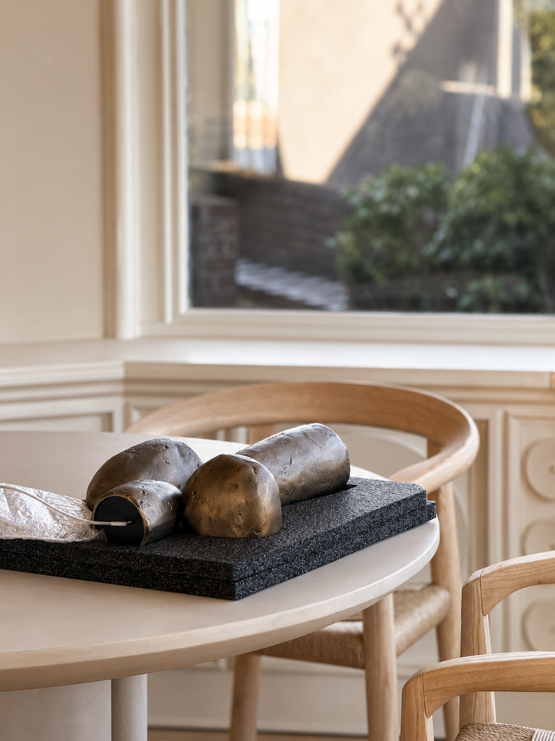 21. Kitchen table setup: Detail of a dining chair and micro-cement tabletop in preparation, accented by Giopato & Coombes Scarabei lighting fixtures.