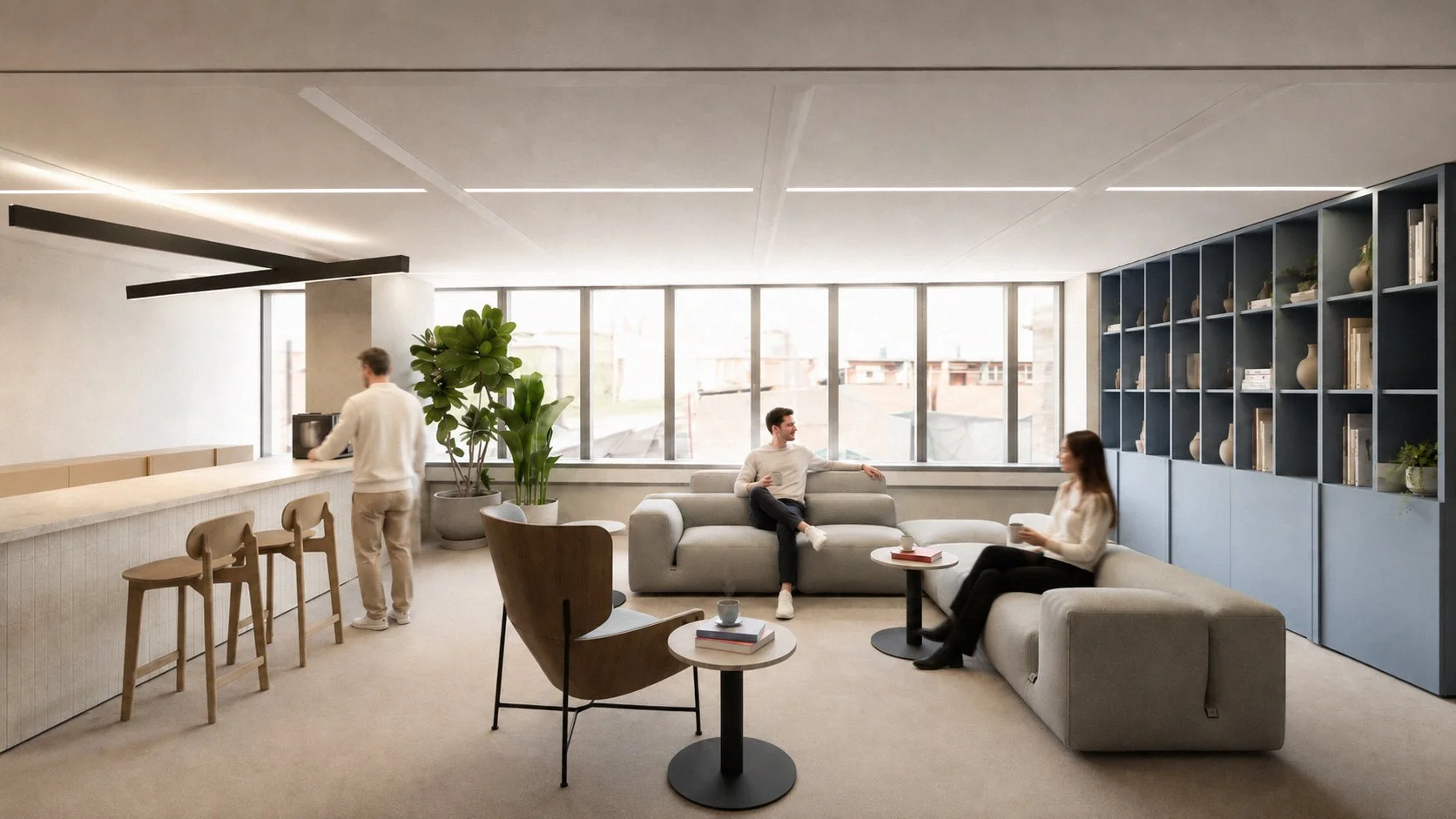 Lounge and library: Relaxed lounge area at WGL Rotterdam with comfortable sofas, a blue bookshelf with open and closed compartments, and a white-tiled central island, designed by Studio Michiel Wijnen and Studio Tyner.