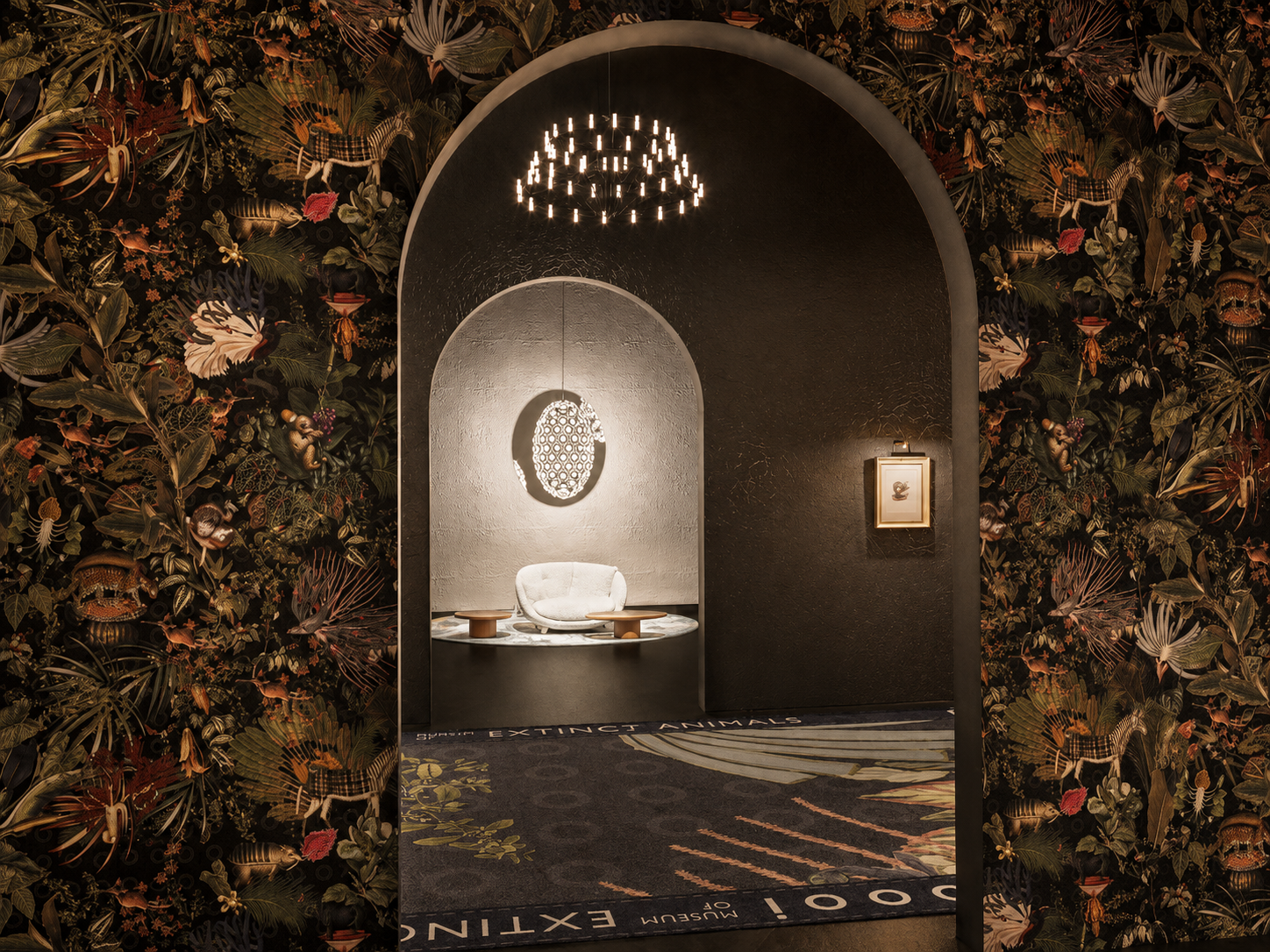 Archway detail: Architectural view of the decorative archway framing the immersive exhibition space designed by Studio Michiel Wijnen for Moooi.