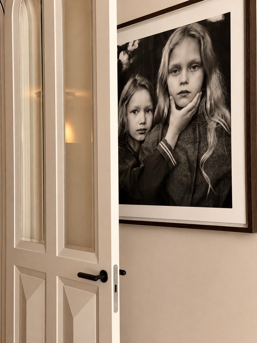 20. Custom geometric door: Classic yet contemporary custom-designed interior door featuring three-dimensional detailing, glass panels, and precise geometric lines.