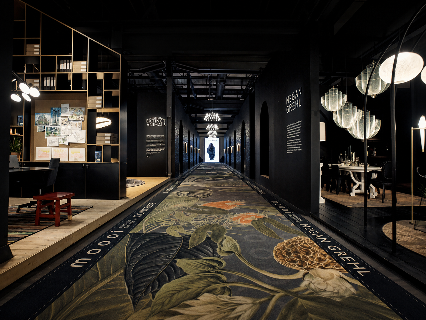 Museum corridor: Central corridor of the Moooi installation designed by Studio Michiel Wijnen, featuring long floral carpets and arches branding Megan Grehl and Concrete.