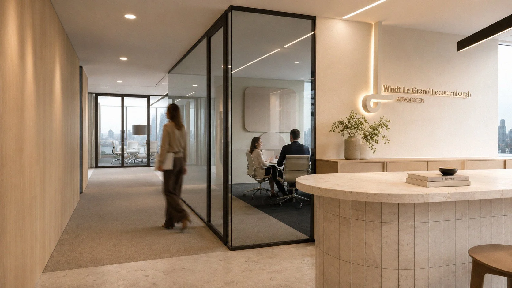 Office entrance: WGL reception area with white-tiled counter, light wood hallway storage, and a glimpse into a glass-enclosed meeting room, designed by Studio Michiel Wijnen and Studio Tyner.