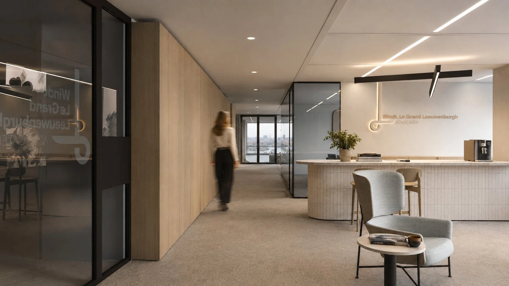 Reception area: Entrance of WGL Advocaten in Rotterdam featuring a white-tiled reception desk, light wood cabinetry, and a glass door with the firm’s logo, designed by Studio Michiel Wijnen and Studio Tyner.