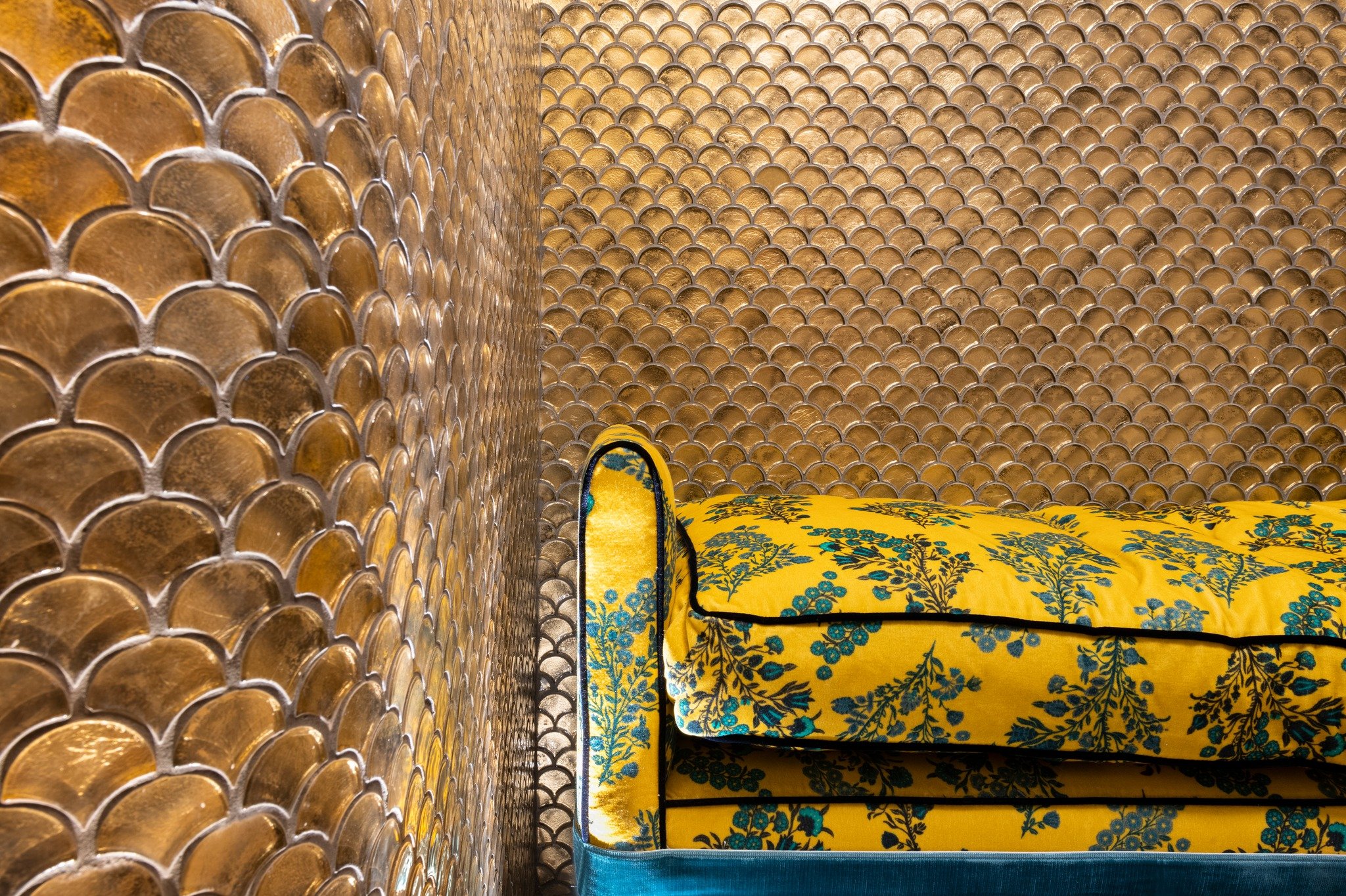 The basement bar in Gracy&rsquo;s Arts &amp; Supper Club in Valletta, Malta, allowed us the opportunity to introduce a little more glamour and opulence within the schemes. 

This shot features a cosy nook by the powder room with a bench perfect for p