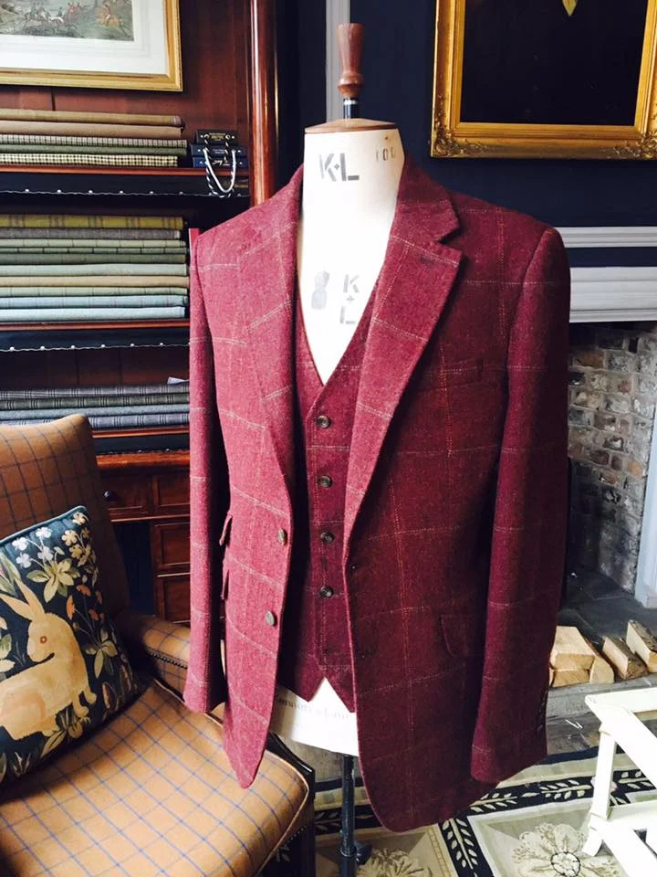 maroon tweed suit