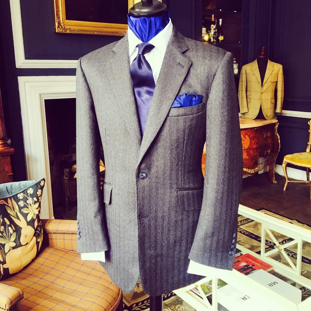 Worsted Grey Herringbone Two Piece Suit