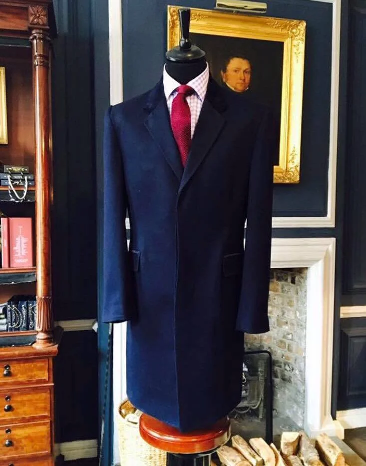 Navy business overcoat with melton collar