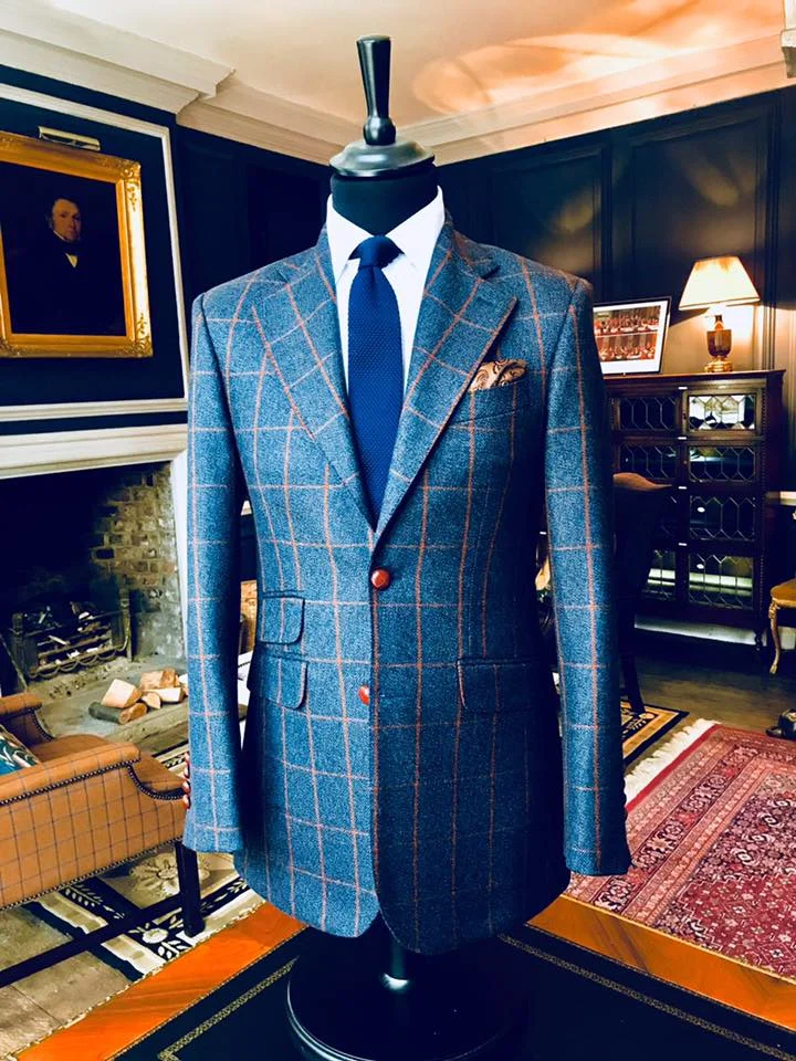 Blue Grey Tweed Sports Jacket with a Rust Overcheck