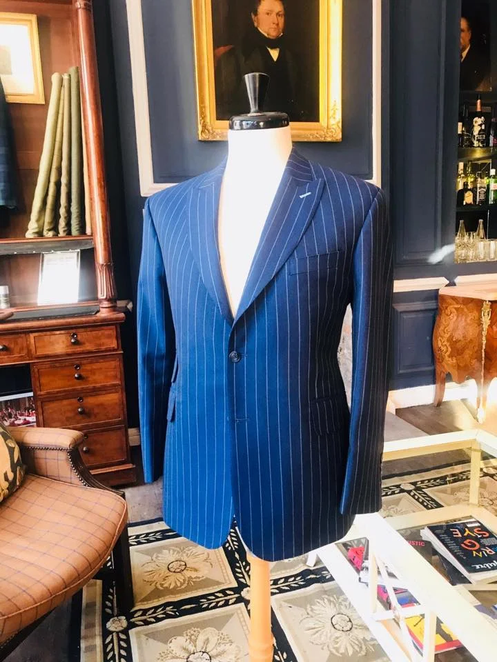 Single Breasted Peak Lapel Blue Pinstripe Suit
