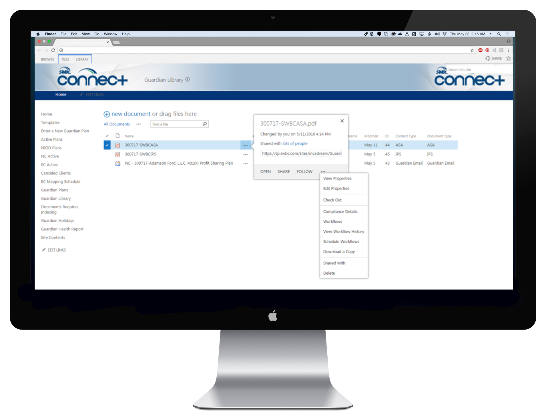  Shows actions available for each document 