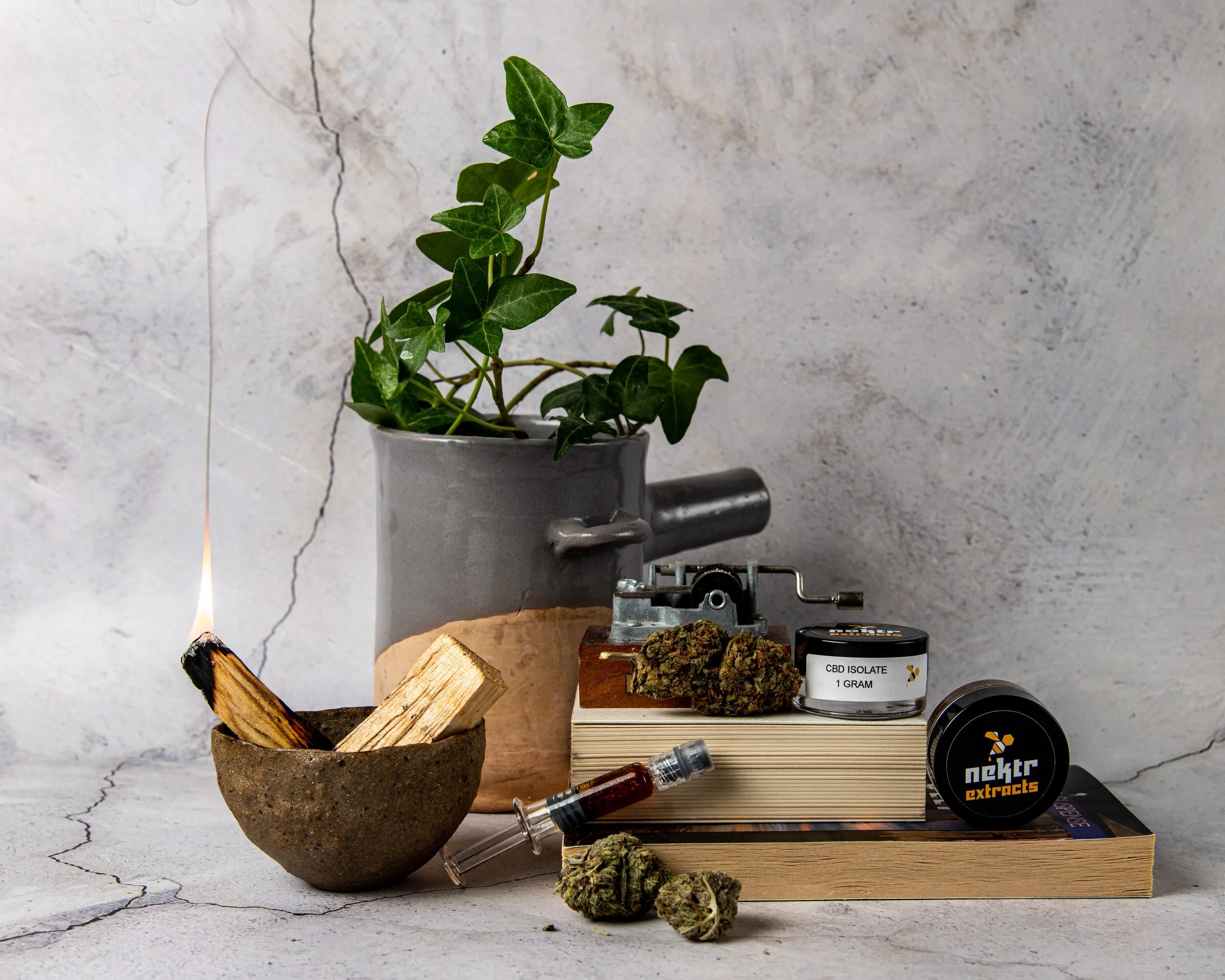 A potted ivy plant, a small fire in a stone bowl with wood, cannabis buds, a grinder, CBD isolate container, and a small vial are arranged on and around stacked books on a cracked concrete surface.