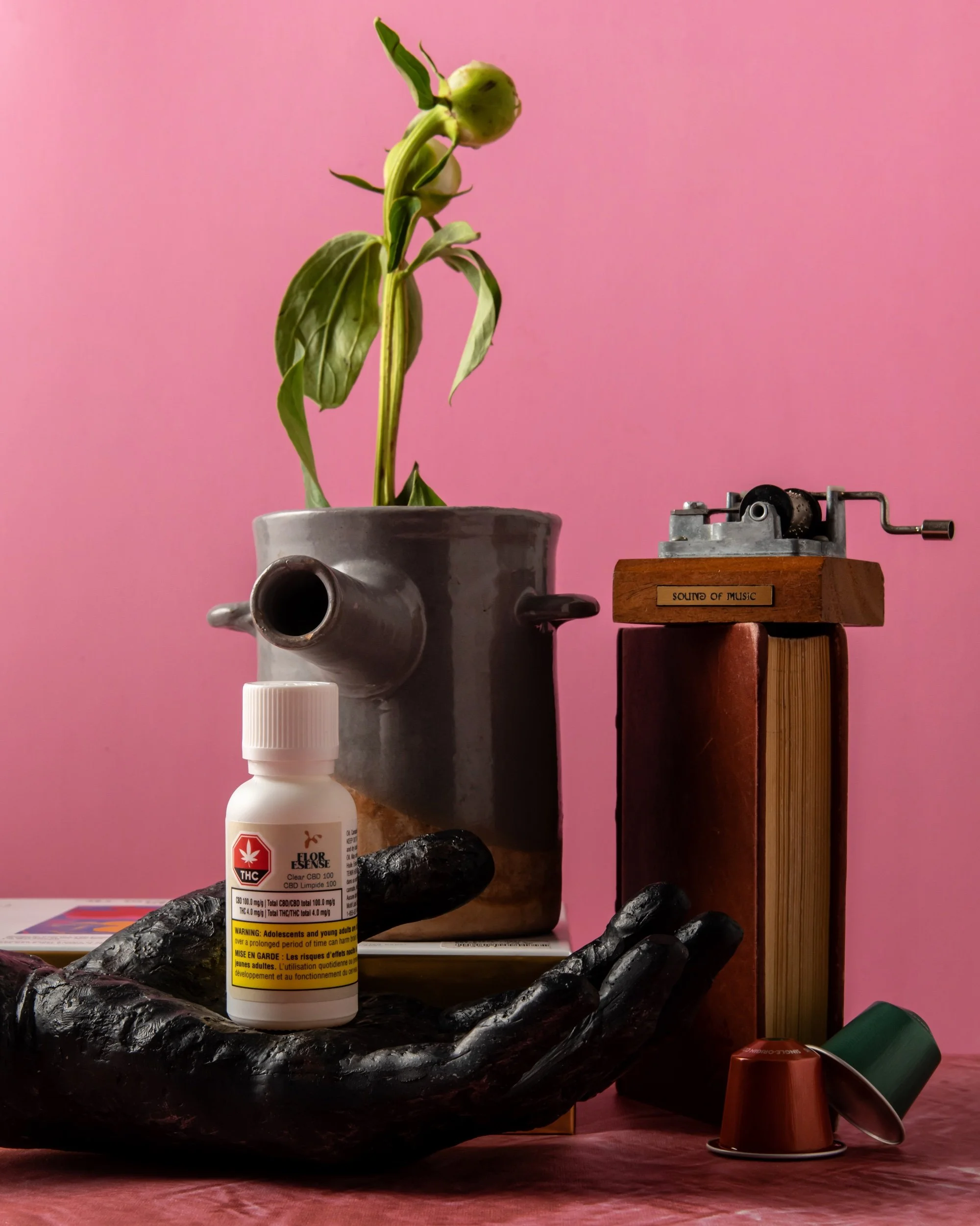 A small potted plant with green leaves and buds in a gray ceramic watering can, a vintage music box labeled 'Sound of Music' on a wooden stand, a black hand sculpture holding a CBD oil bottle, and two coffee capsules against a pink background.