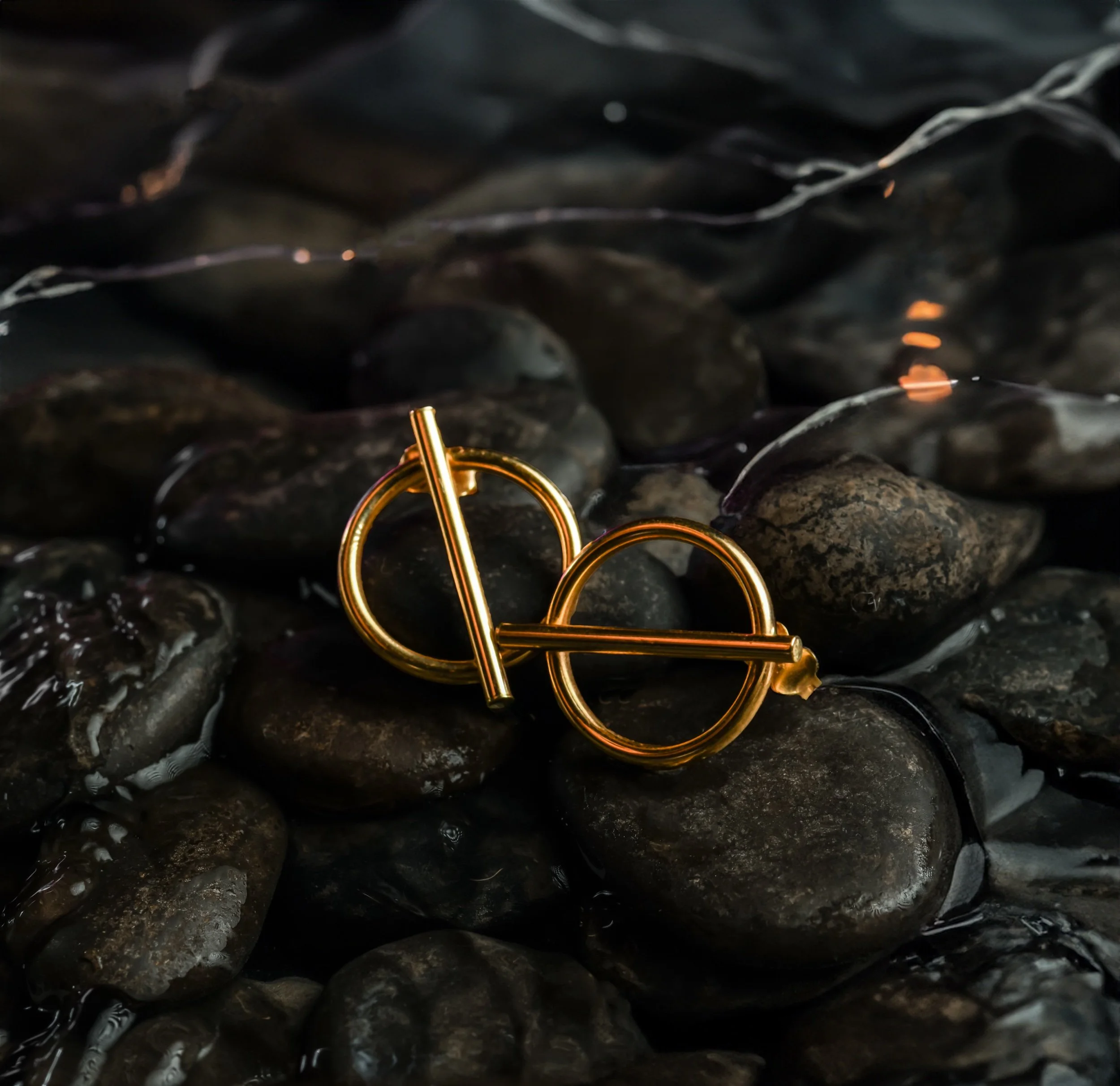 Gold jewelry pins on wet, dark rocks.