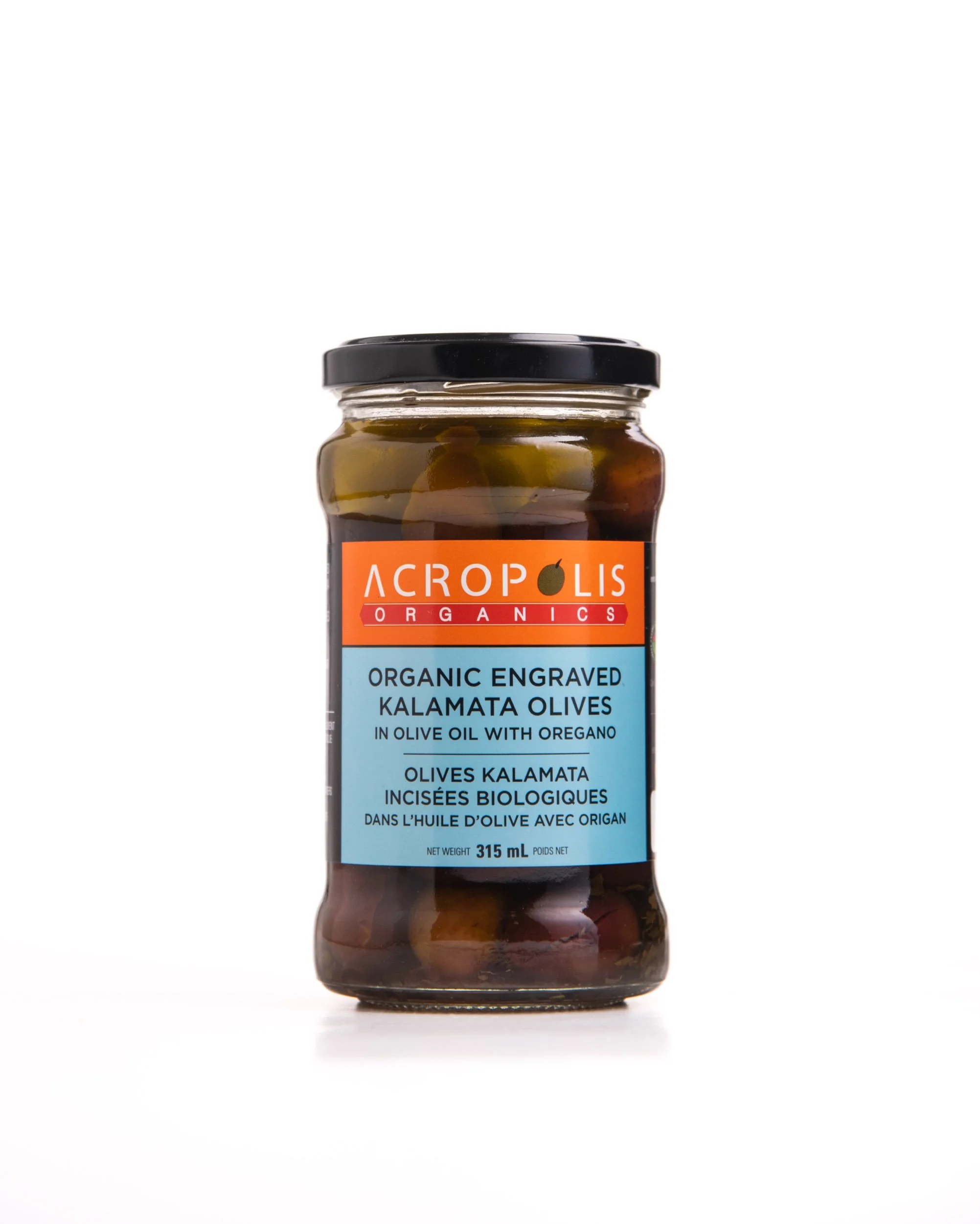 A glass jar of Acropolis Organics organic Kalamata olives in olive oil with oregano. The jar has a black lid, and the label is orange and blue.
