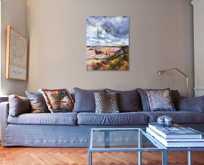 'Sailboat at Heybridge Basin', above a blue couch