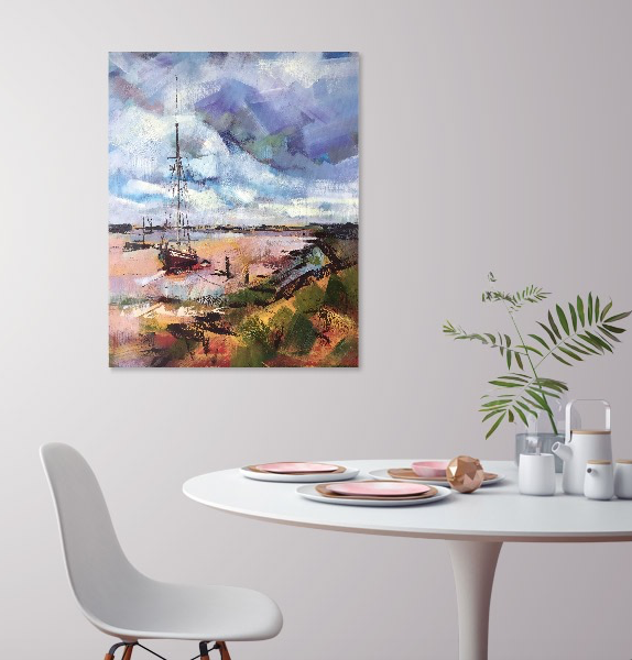 'Sailboat at Heybridge Basin' ©Susan Clare, with round dining table