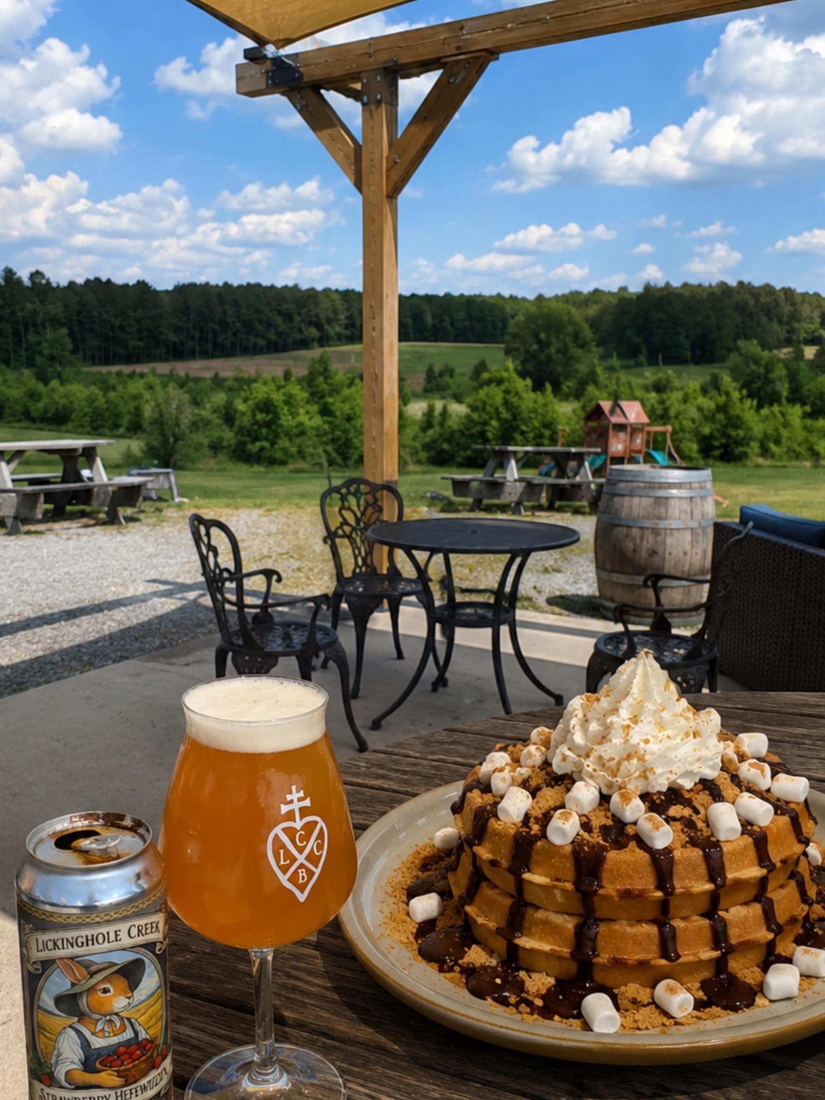 Beautiful day! Shade, snow cones, and cold brews. And Food Truck, specializing in Stacked and Stuffed waffles! #subdayfunday #waffles #lickingholecreek #coldbrew