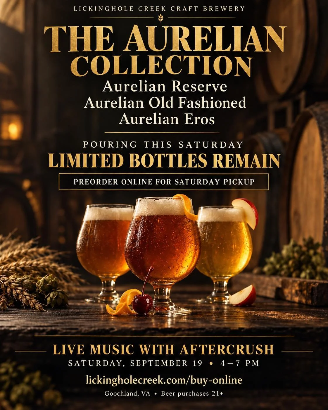 The full Aurelian Collection will be pouring and available to taste Saturday and Sunday. Preorder now for brewery pickup.

We&rsquo;re thrilled to be back doing what we love: slow-crafting meticulously hand-brewed beer with Lickinghole Creek&rsquo;s 