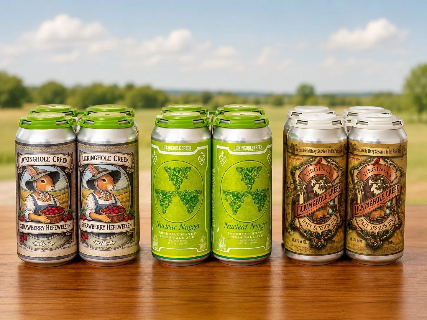 The Farm Sampler: Three 16oz 4 packs: Nuclear Nugget Imperial Honey IPA, Strawberry Hefeweizen, and Virginia Gold Session Hazy IPA
