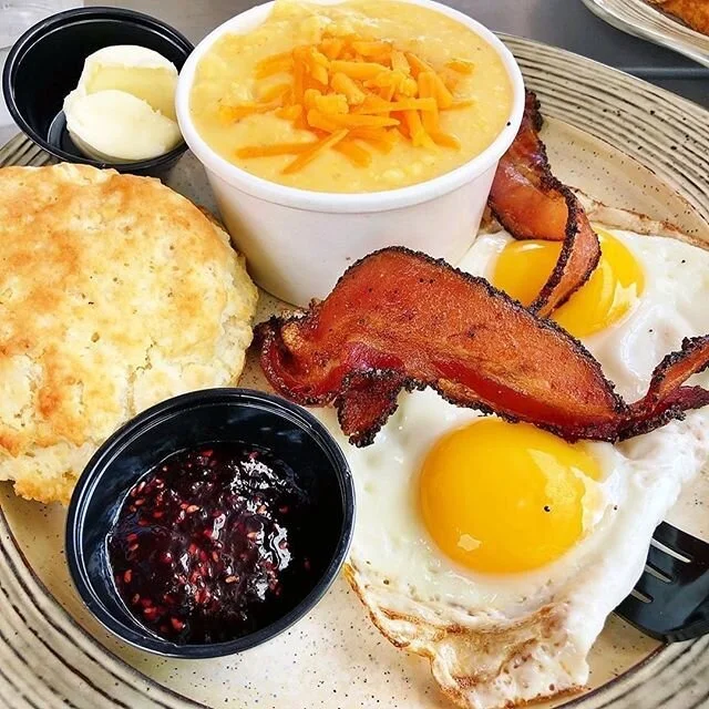Classic Southern Breakfast 
TOGO 😍.
Breakfast is on over here at GRUB Durham. 🍳🥞🍓🥓🍩
See you soon 😘👍🏼🤗.
.
📸 cred: @justinrobynfooddiary 
Thanks for grubbing with us!!!
&bull;
&bull;
&bull;
#breakfast #food #foodie #instafood #lunch #bacon #