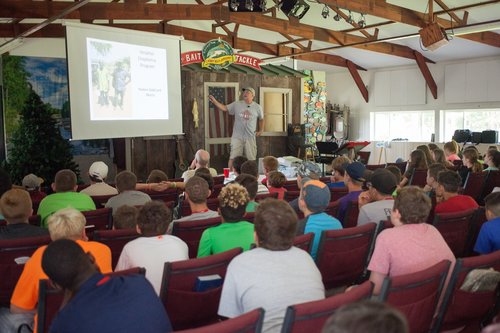 Ed Lyons addressing young people at Camp Red Arrow