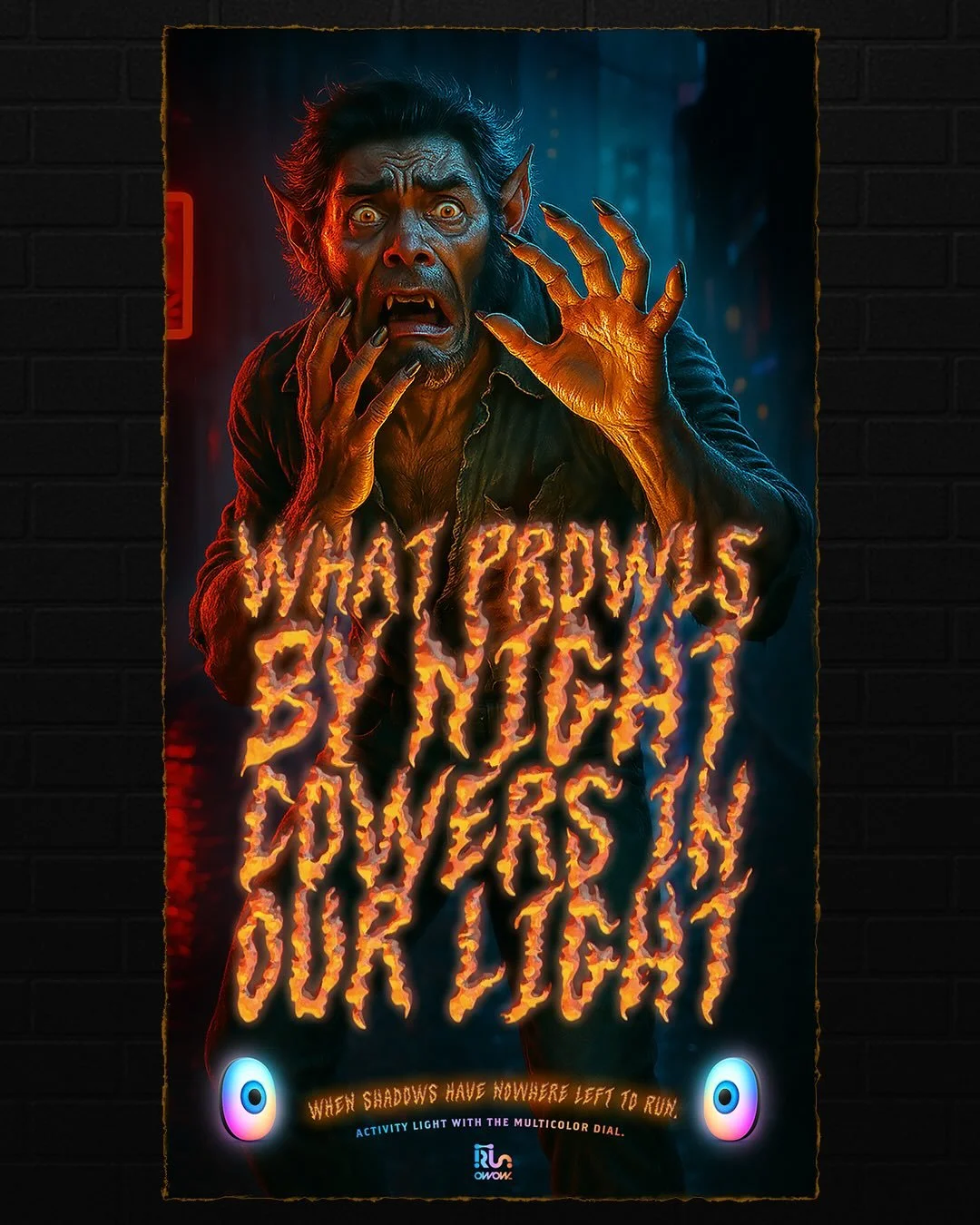 Scare the Dark with Iris Activity Light! 
Posters and packaging design feature the Wolf-Man.

Idea: Human 
Artwork/Copy: ChatGPT-4o, Sora
Typeface: &ldquo;Devil&rsquo;s Haircut&rdquo; - designed by Erica Jung and Ricardo Marcin @pintassilgoprints , &