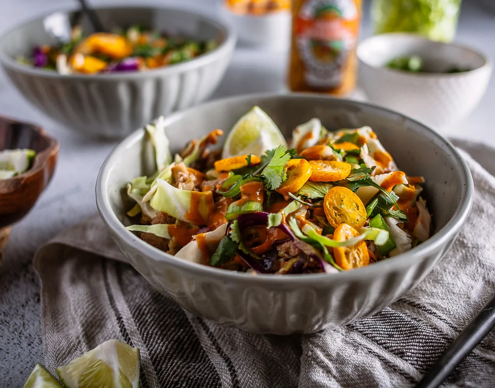 egg roll bowl- Dave's Hot Sauce