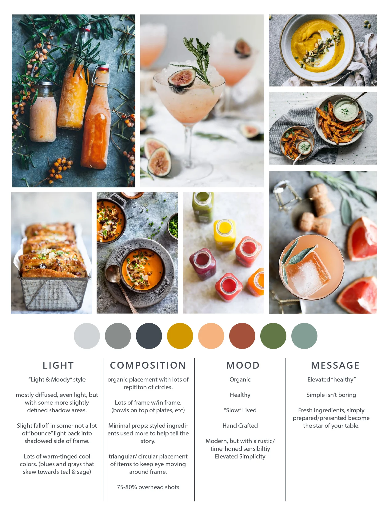 If you want to create a signature visual voice/ aesthetic for your food or wellness brand, start by creating a guide or moodboard you can refer to. It’s especially helpful for creating a branded look on Instagram and can inform your colors, lighting, mood and overall style.