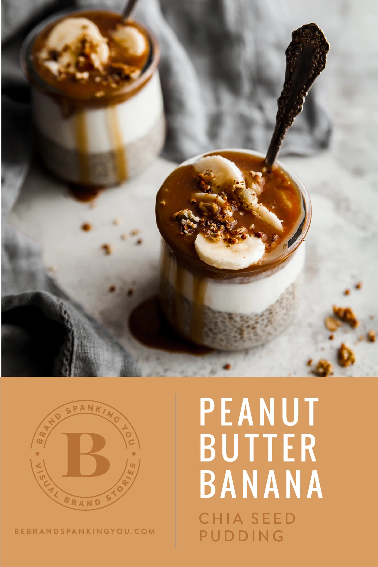 Chia seed pudding with peanut butter caramel sauce and bananas.
