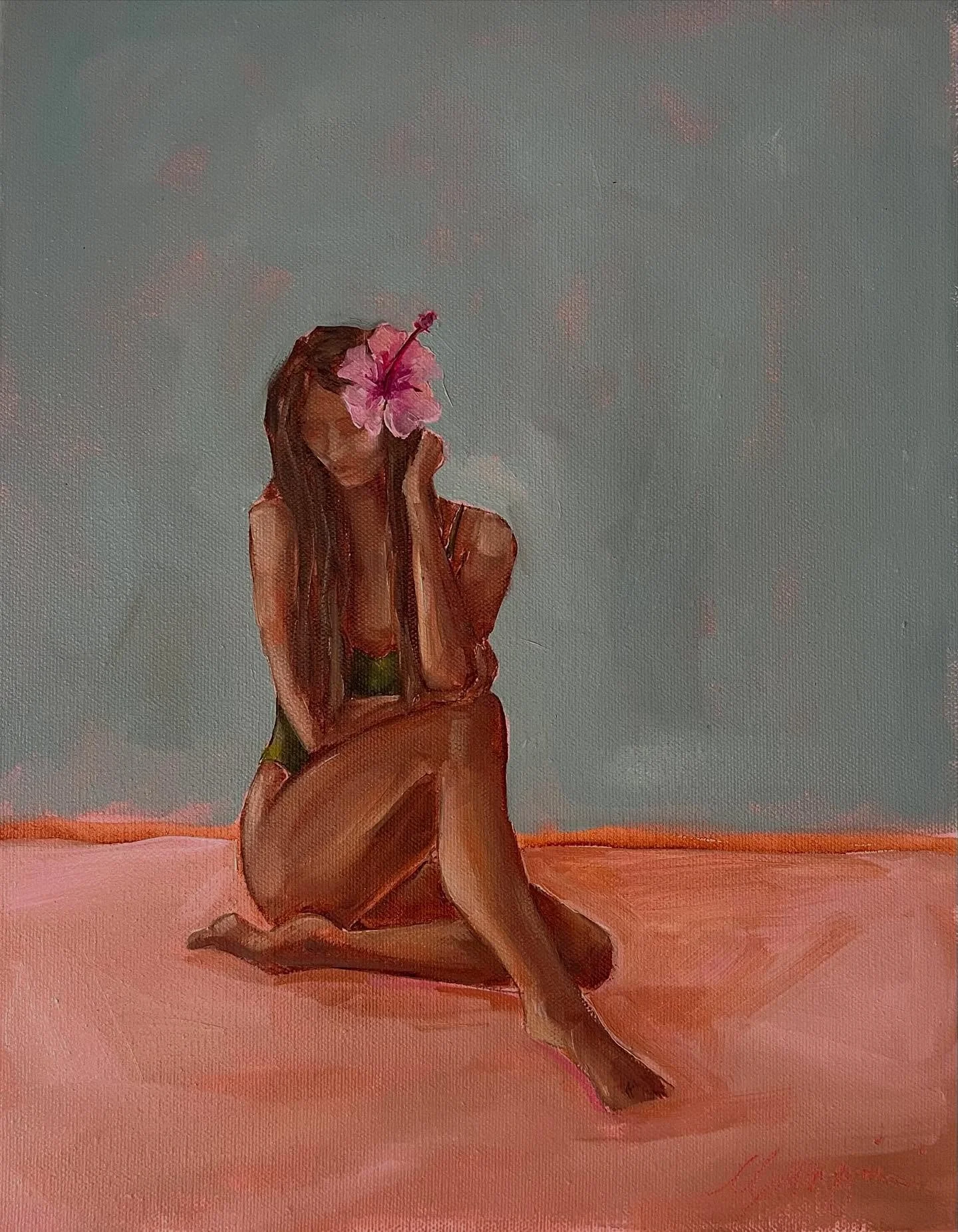 &lsquo;Wahine with Hibiscus&rsquo; an ode to quiet strength, inner beauty and island aloha. #cganginiart #mauiart #wahine #hibiscus #oilpainting #mauiartist #islandmuse #hawaiiart