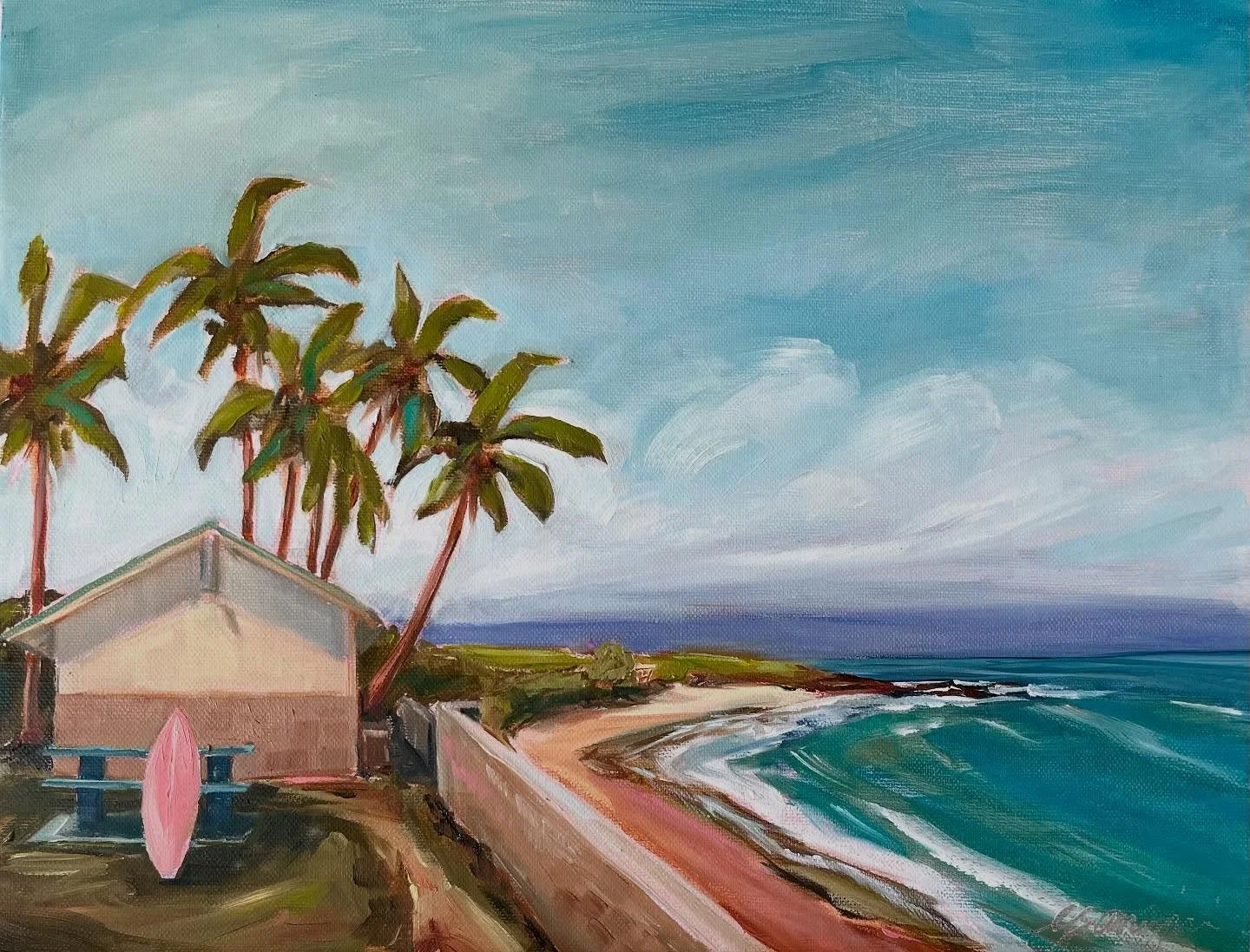 Grateful for mornings spent painting at the beach. On location last week at Ho&rsquo;okipa Beach Park painting with The Maui Plein Air Group.  Slide 1 - &lsquo;Looking West of the Pavilion&rsquo;  Slide 2 - &lsquo;Looking East of the Pavilion&rsquo; 