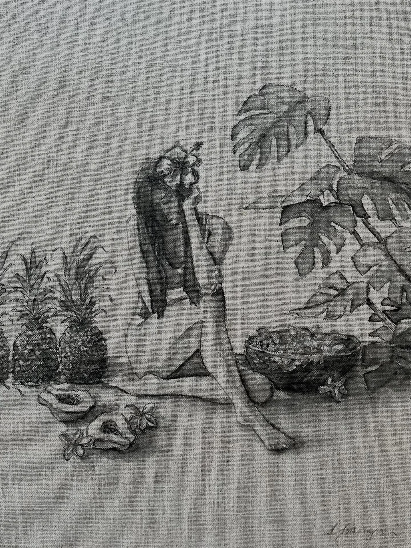 &lsquo;Wahine with Hibiscus No. 2. Charcoal Series&rsquo; This drawing of a wahine surrounded by tropical fruits, flowers and foliage is a quiet homage to the nurturing, vibrant spirit of the islands. Beauty grows in the everyday. #cganginiart #mauia