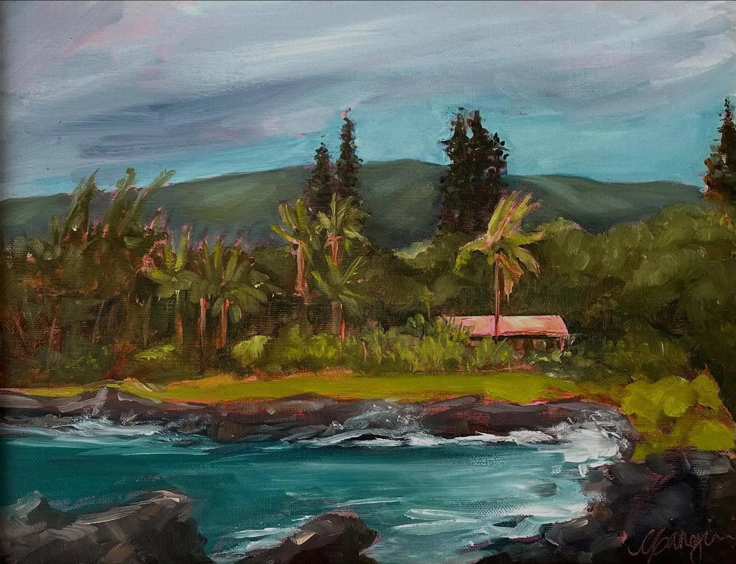 Kea&rsquo;nae, a place where time feels slower, with salt in the air the rugged beauty of lava rocks, taro patches and endless waves meeting the shore. #cganginiart #mauiart #keanae #oilpainting #islandlife #pleinairpainting #mauiartist