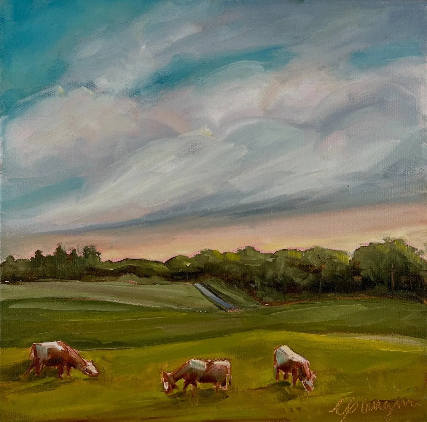 &lsquo;Olinda Cows&rsquo; Golden hour settling over Upcountry Maui, warm light on quiet pastures. #mauiartist #cganginiart #upcountrymaui #cows #oilpainting