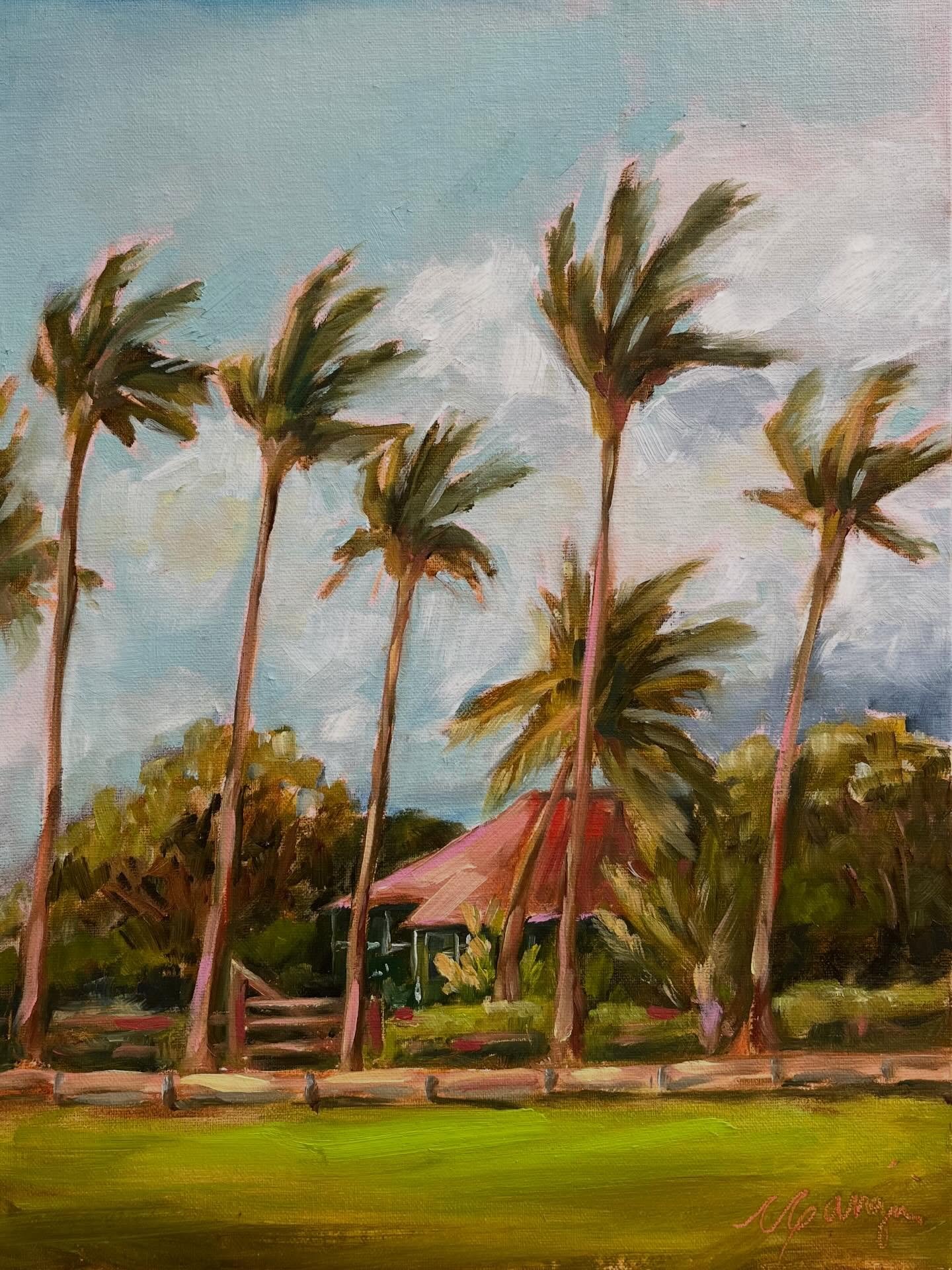 &lsquo;Beach House&rsquo; in the morning sun with a tropical breeze gently swaying the palms. #cganginiart #mauiart #pleinair #oilpainting #beachhouse
