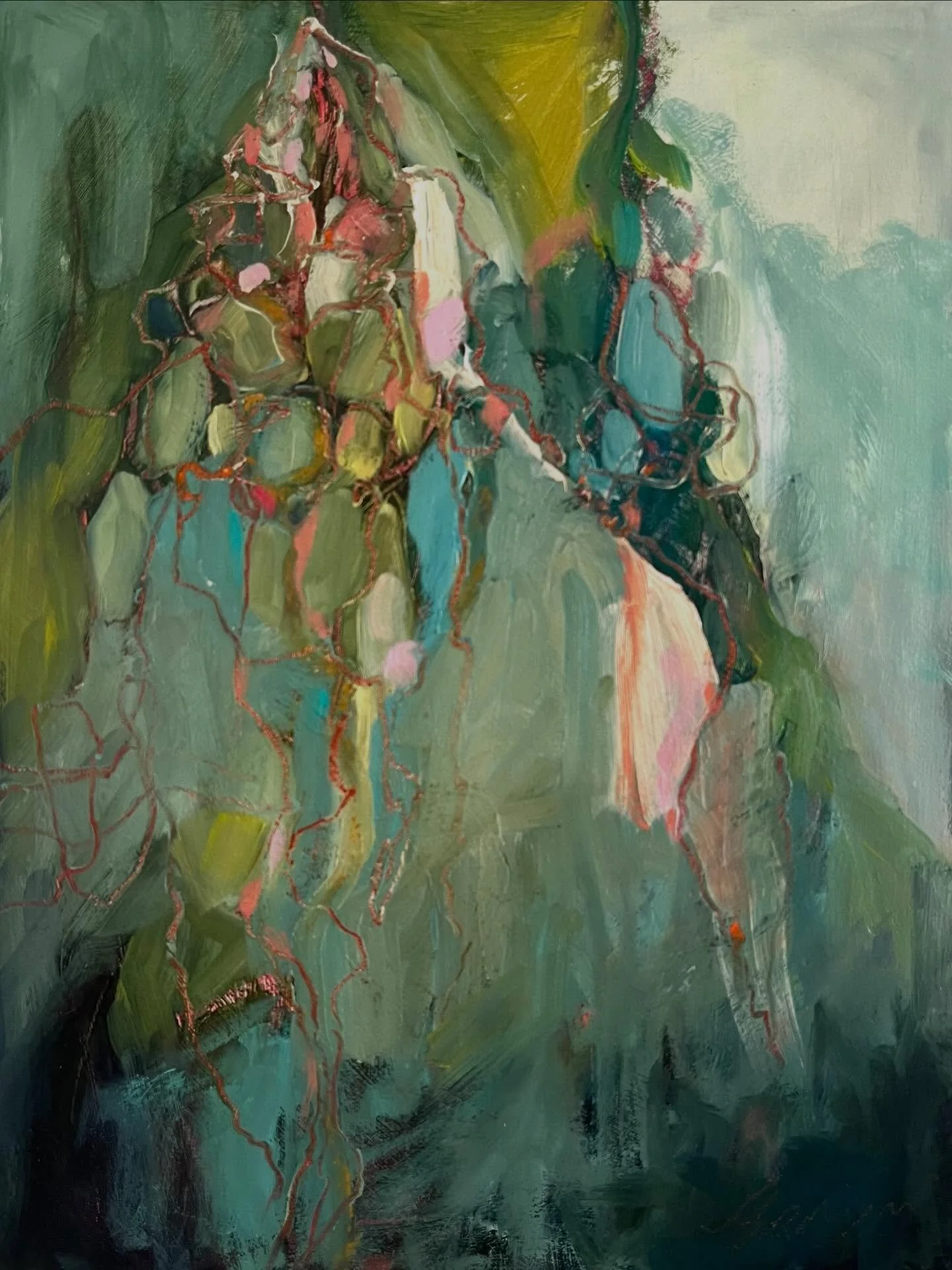 New from the petite series; &lsquo;Thunbergia Laurifolia No. 11&rsquo; I am drawn to the deep blue greens with the pops of coral in this one, reminds me of a perfect beach day. #cganginiart #mauiart #abstract #oilpainting #mauiartist