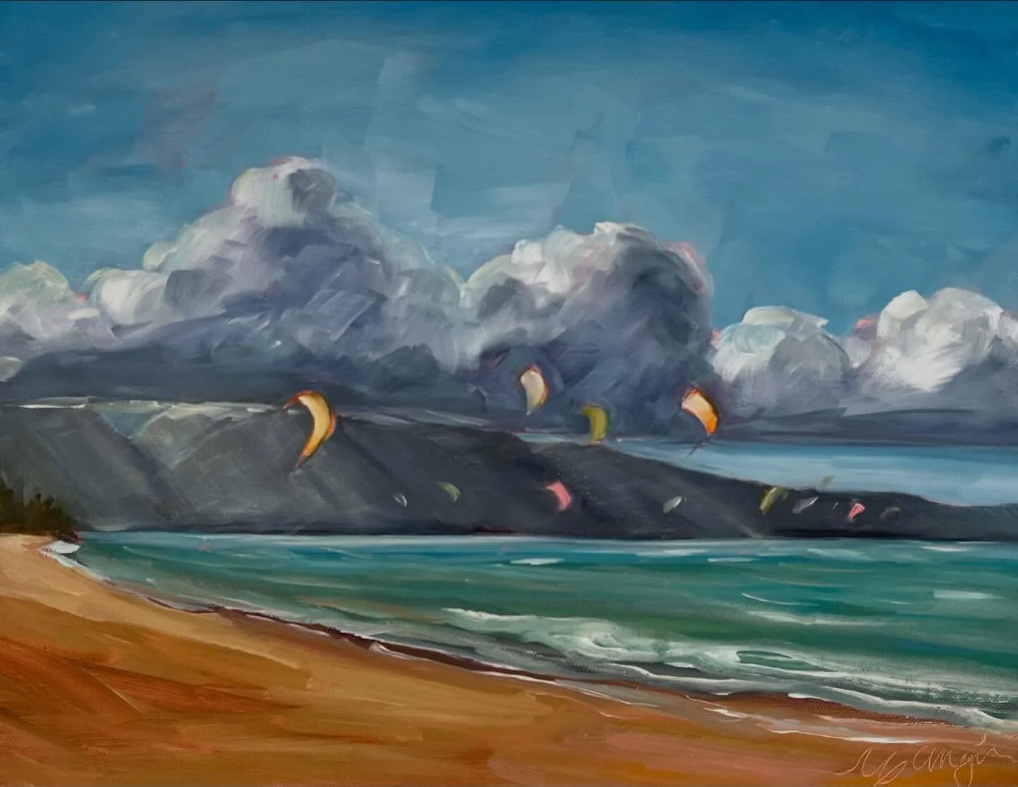 &lsquo;Kite Surfing No. 1&rsquo;  Alive in motion, both powerful and peaceful at once. Maui&rsquo;s North Shore; a playground for wind sports. #mauiart #kitesurfing #oilpainting #mauiartist #kanaha