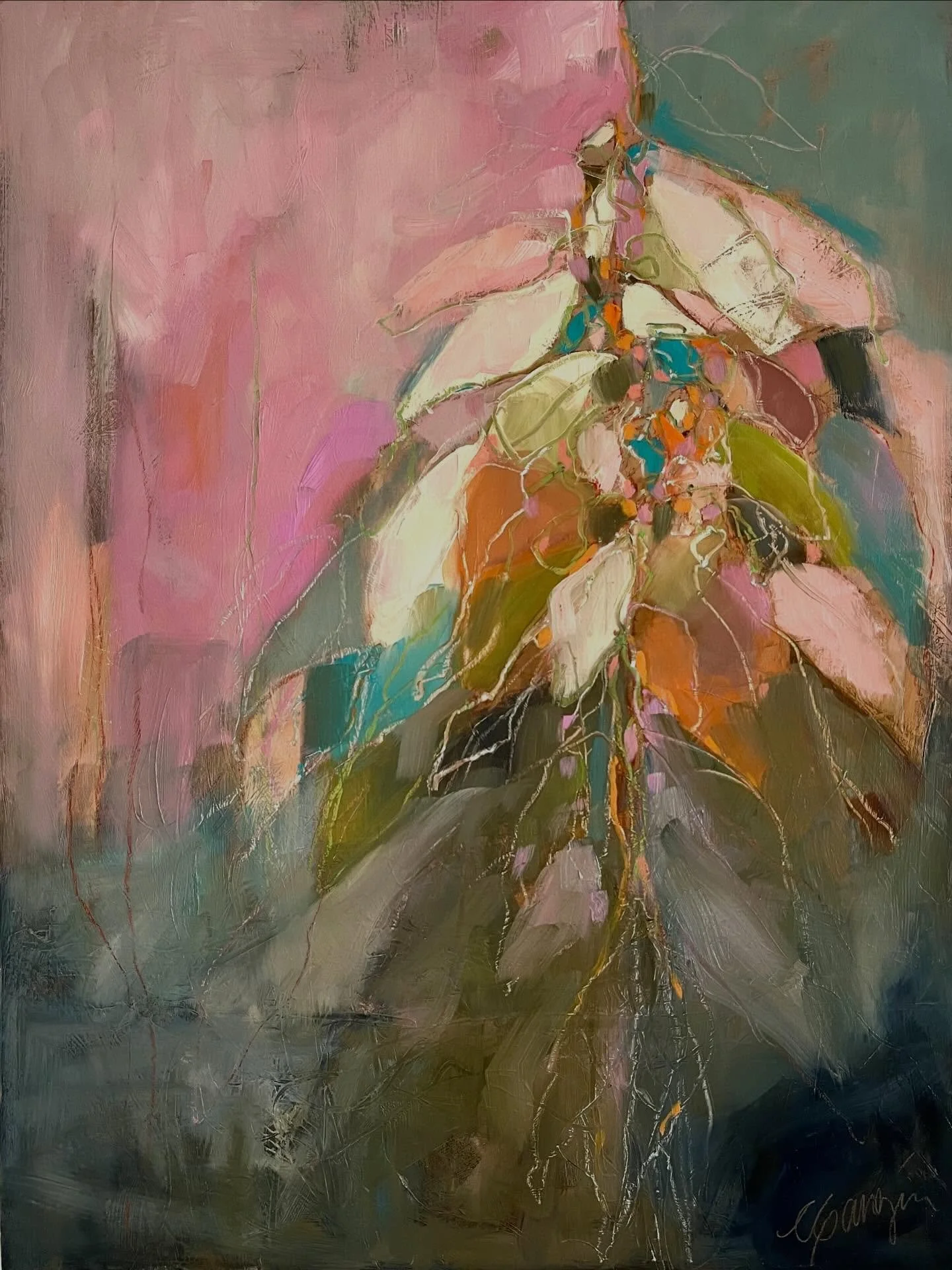 &lsquo;Thunbergia Laurifolia No. 7&rsquo; I had a great time with this one, pushing the colors a bit brighter and the line work is one of my favorite parts. #cganginiart #mauiart #mauiartist #abstractart #oilpainting