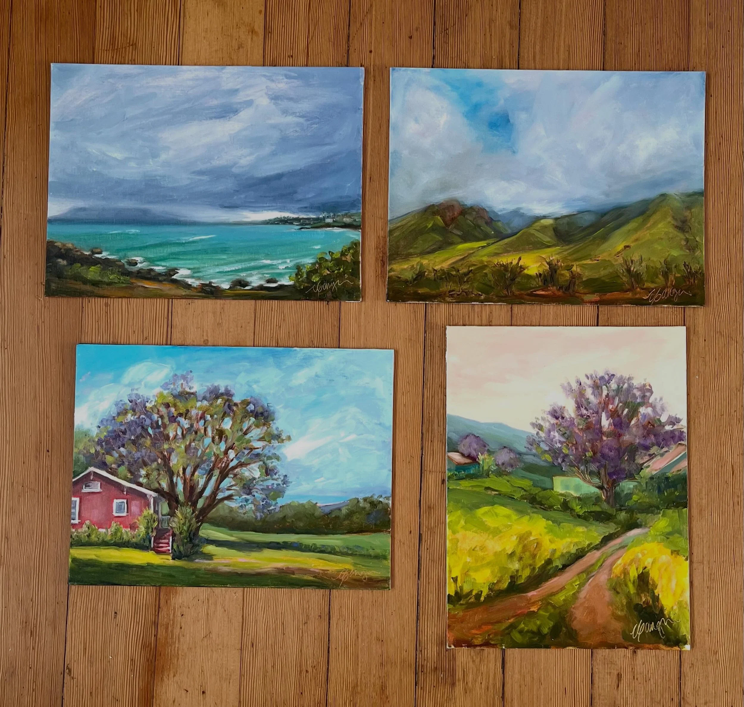 April&rsquo;s Plein Air Paintings are up on the website. What a fun month of adventuring with The Maui Plein Air Group, the rains brought out the vibrancy of Maui. Swipe to see the collection. #mauiartist #mauipleinairpainting #oilpainting #jacrandas