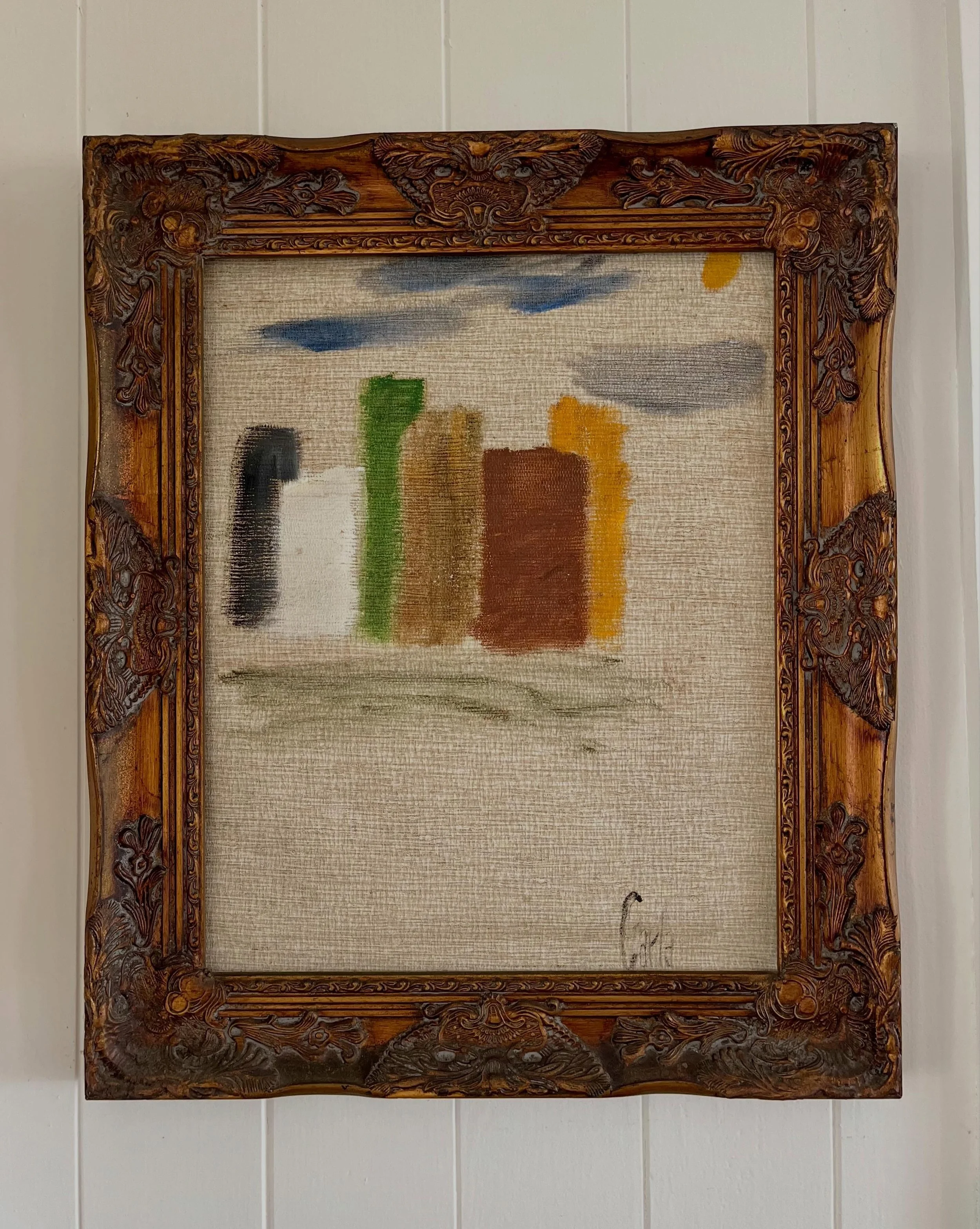 This city scape is the first painting I remember painting. I was 5 years old, my Dad took a leftover piece of wallpaper and mounted it on a board which became my canvas. He showed me how to overlap the buildings to give depth and even how to sign my 
