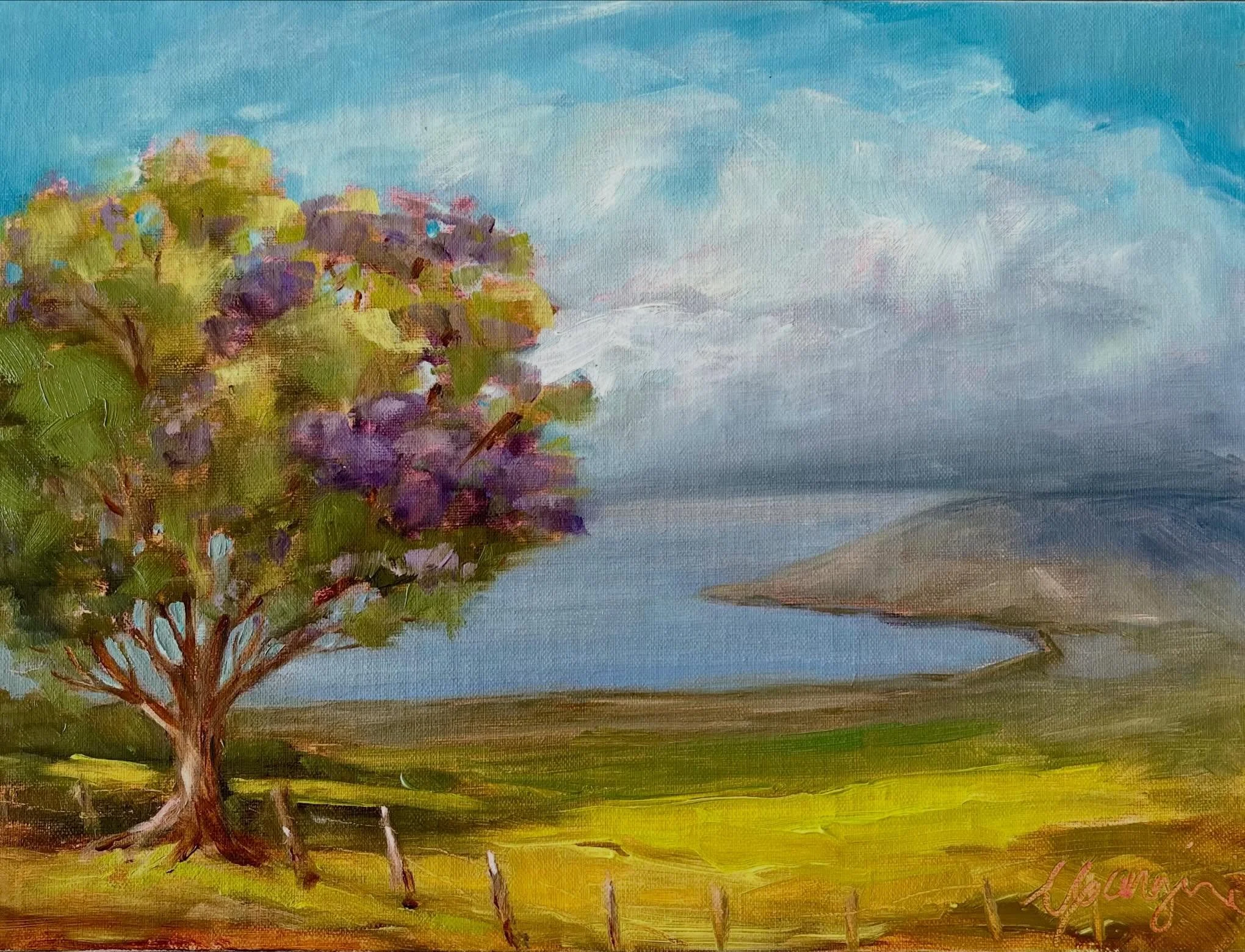 The quiet beauty of springtime on the slopes of Haleakala, with the jacarandas putting on their yearly show.  This is last week&rsquo;s Plein air painting from Rice Park. #cganginiart #mauiart #mauiartist #jacaranda #upcountrymaui