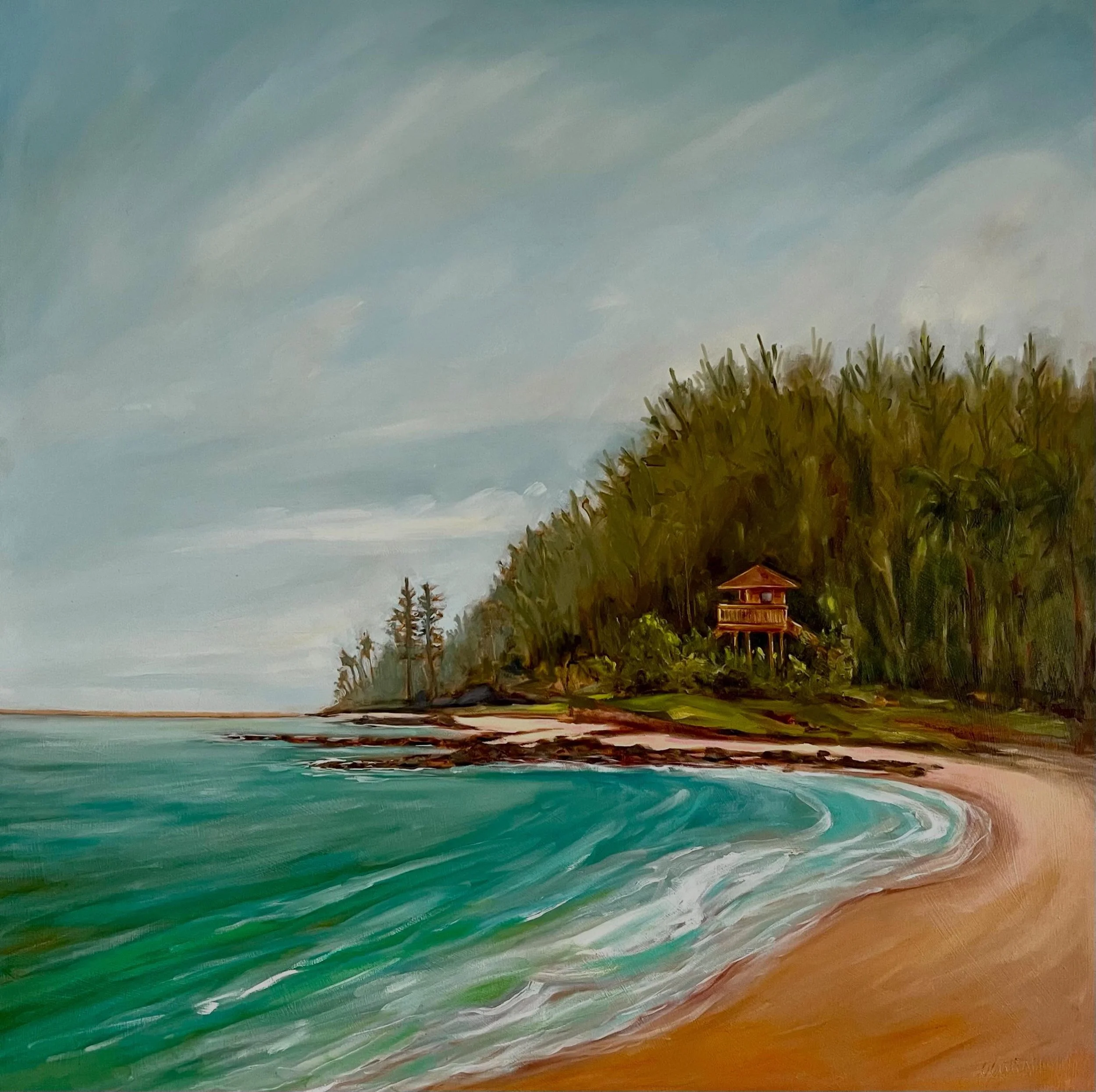 &lsquo;Kanaha Morning&rsquo; the familiar lifeguard stand greets me on my morning walks, painting this scene was a way to hold onto those quiet moments before the day begins, a reminder of the beauty that can be found in simple routines and the place