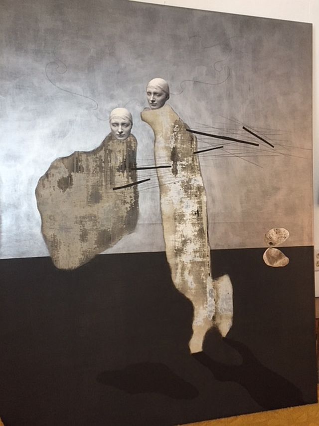  KS-14 “Ruth and Esther” by Walterio Iraheta (Salvadoran 1968 - ). Mixed media on canvas. 2006. 46” x 59”. $5500 