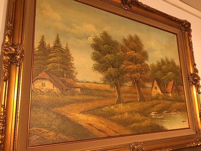  2192015 Oil on Canvas of Country Home Scene. Artist signed: Alldren. Image: 36” x 24”. Frame: 43” x 31.5”. $285 