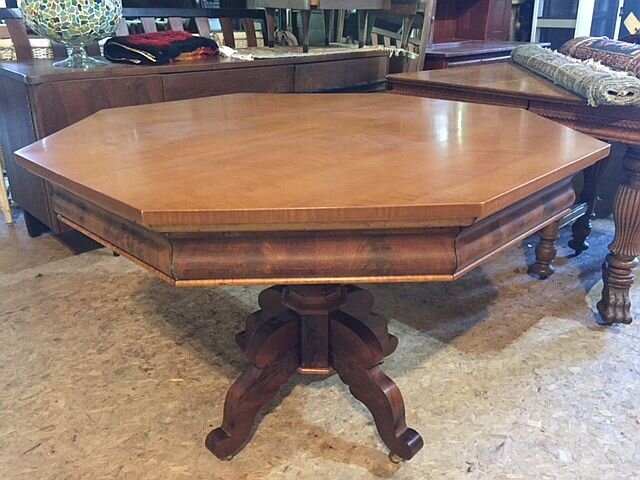  PM-1  Octagon Table. Alternating tiger maple and mahogany from top to bottom. 46”diameter x 29.5”H. $850 