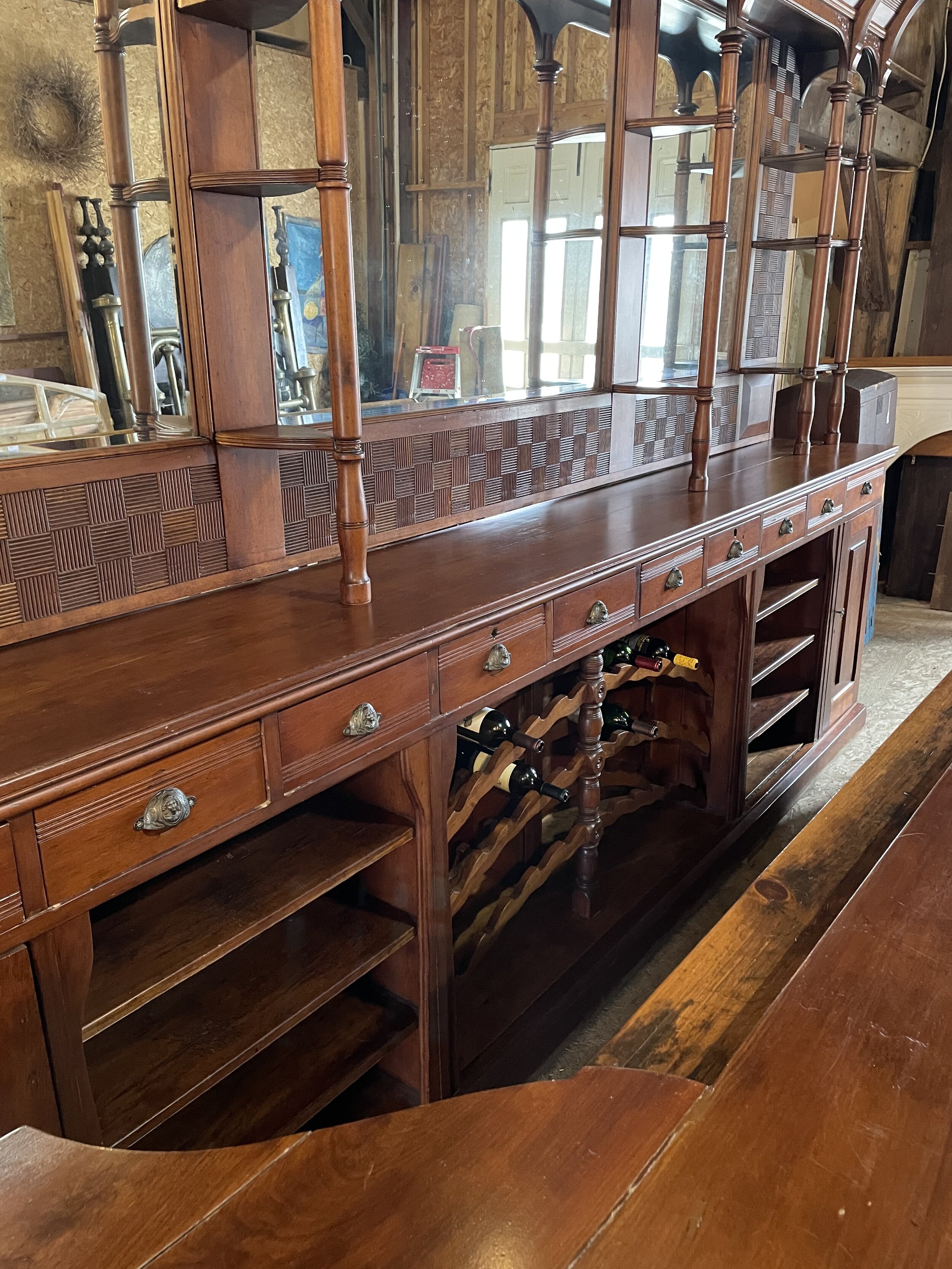  BW-1 &amp;2 Back and Front Bar. Solid cherry with birdseye maple front bar arm rail.  Circa 1900. $26000.00. Back bar is 2 pieces (base and top). Top measures 12’6”L (at crown molding). Base measures 12”L x 20” W x 43”H. Total height is 100”H. Back 