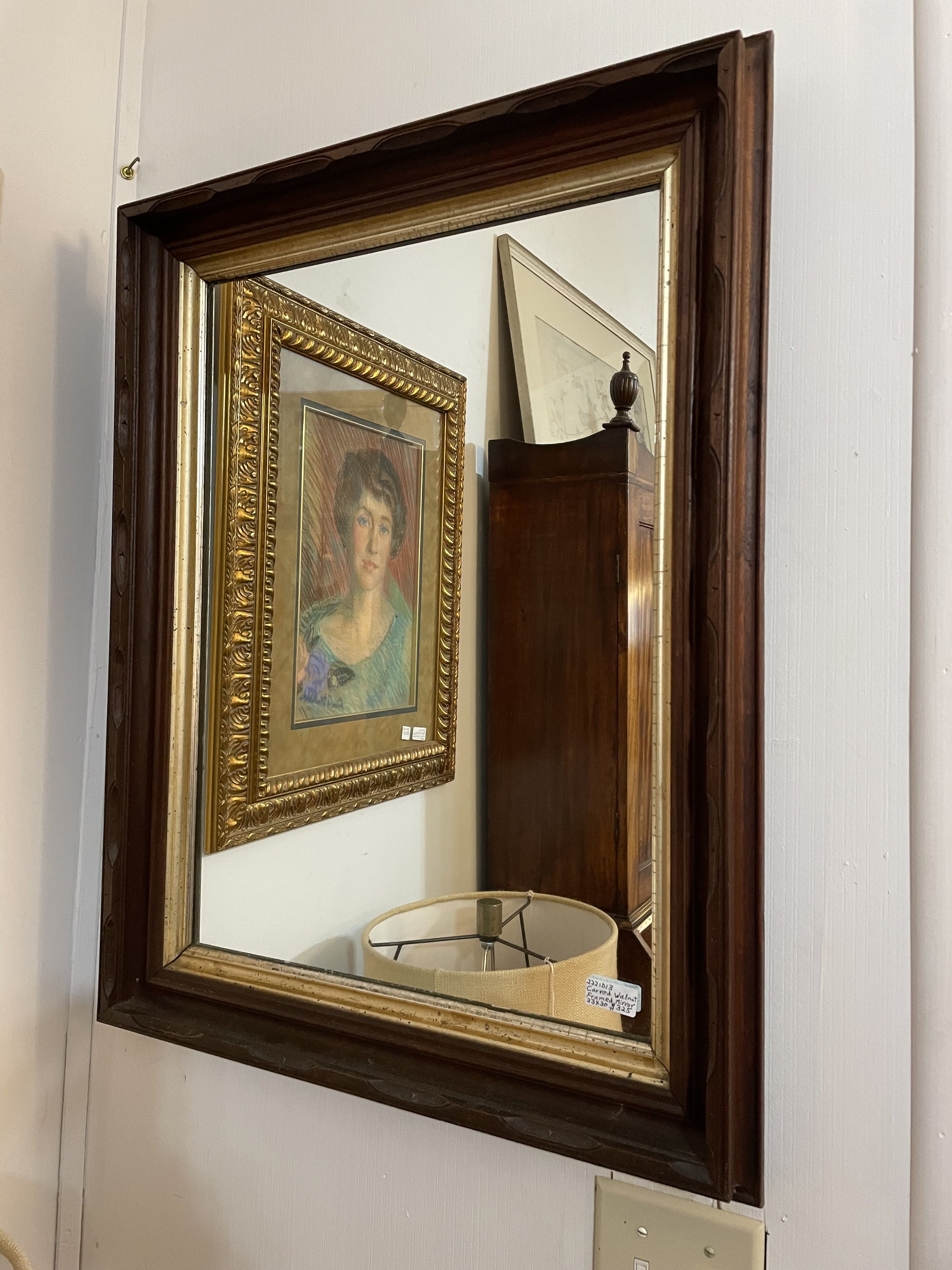  2221013 Carved Walnut Framed Mirror. Early 1900’s. 23” x 30”. $325 