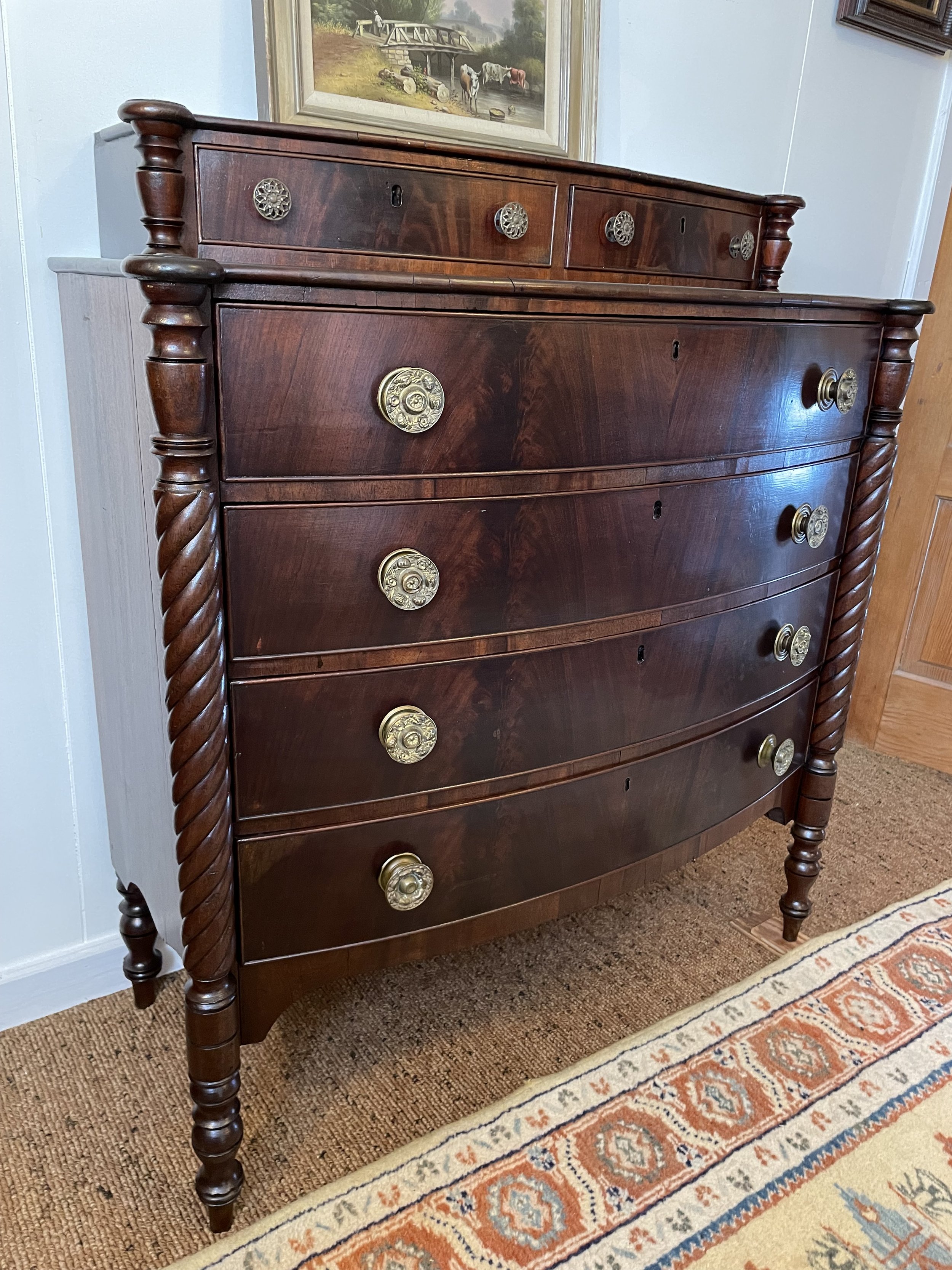  2231009  Period Sheraton, 6 Drawer Chest. Bow front. Circa 1820. Mahogany over pine. 41”W x 19” D x 44” H. $1075 